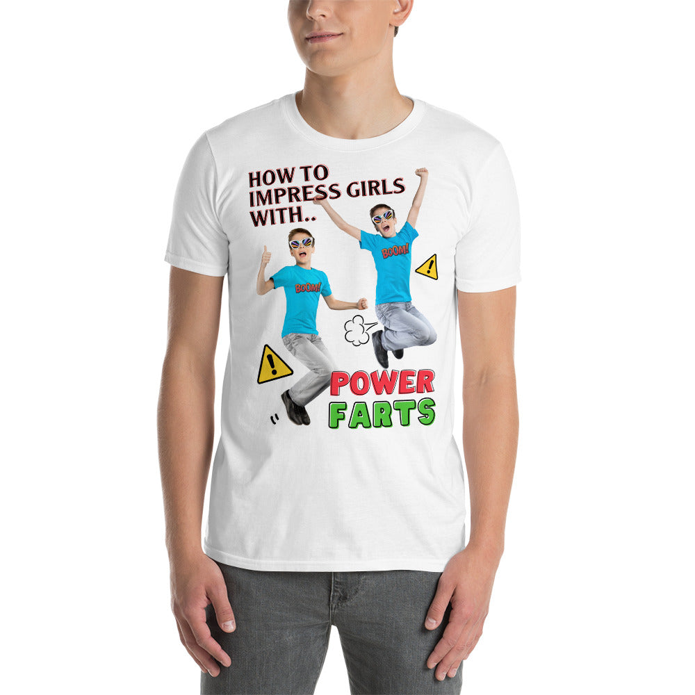 young man wearing a Funny white T-shirt with a boy jumping in the air and farting that reads How To Impress Girls With Power Farts.