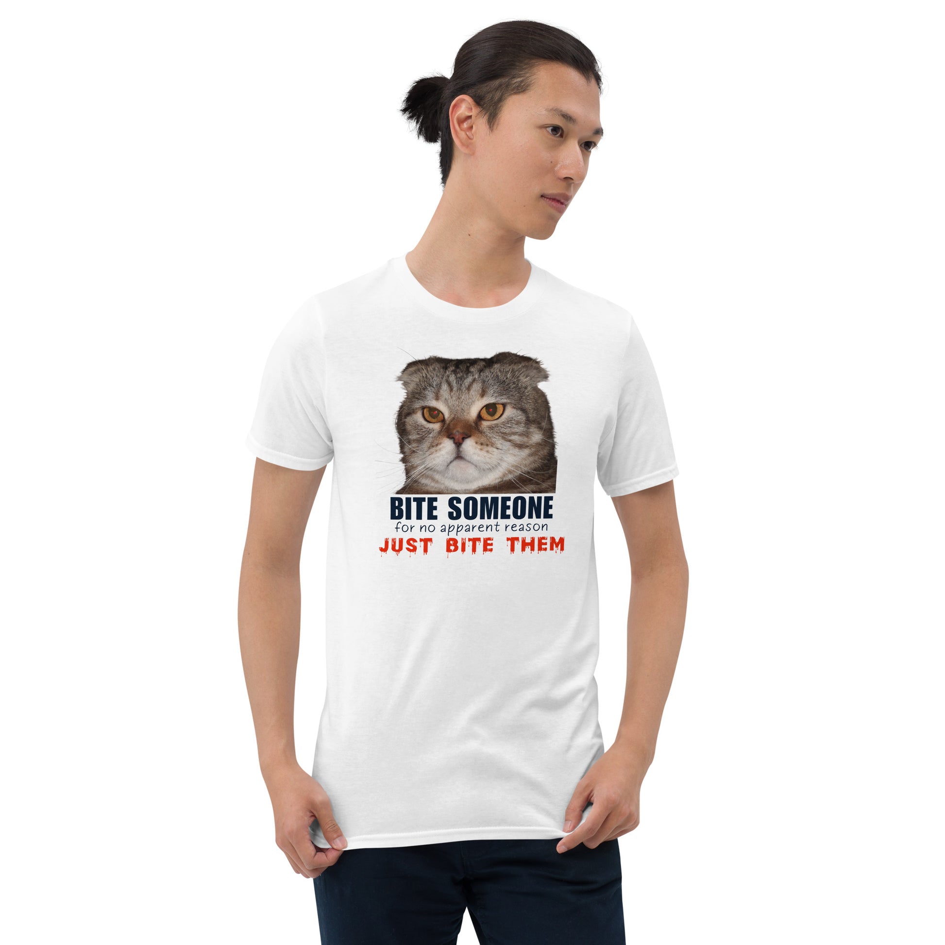 male model wearing a white evil cat T-shirt with grumpy cat that reads Bite Someone, for no apparent reason, Just Bite Them