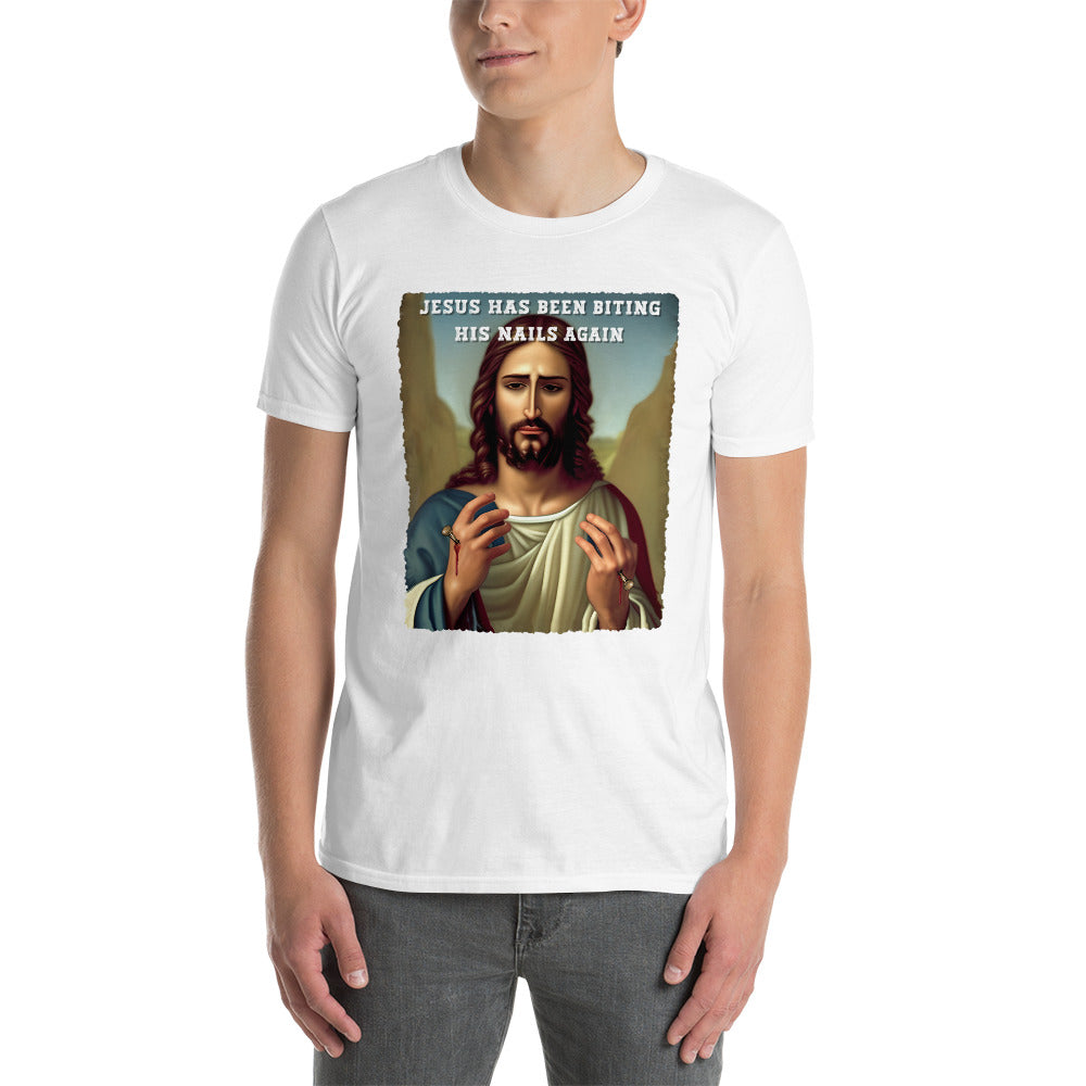 male model wearing a Jesus has been biting his nails again offensive Jesus T-shirt in white