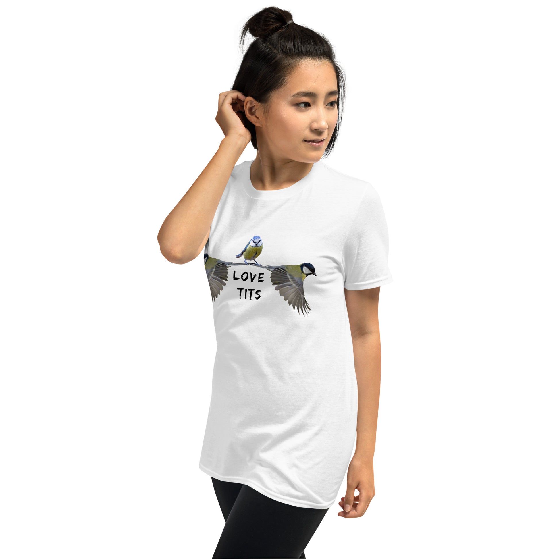 asian lady wearing a Funny Love Tits Wild Birds T-shirt in white