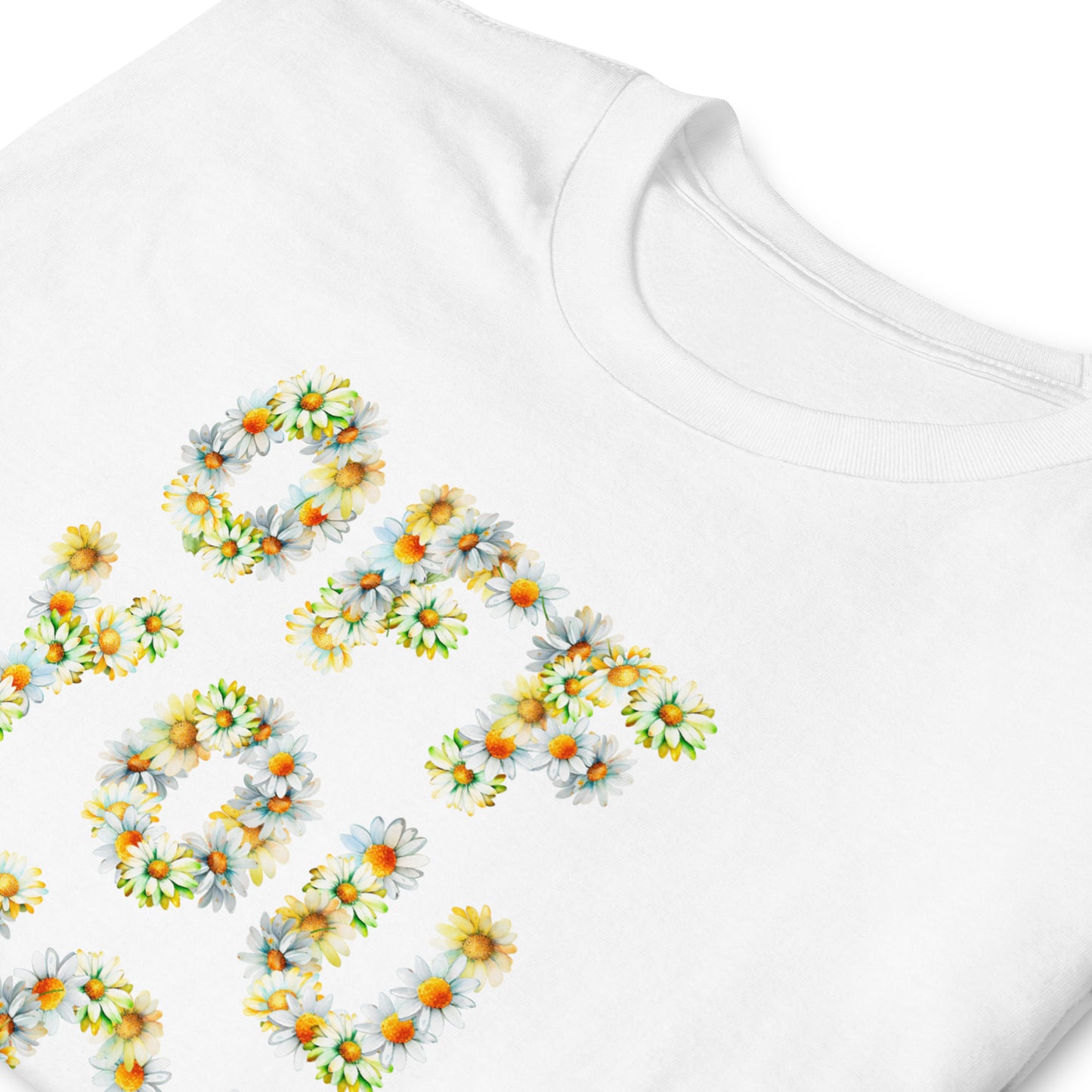 Offensive Off You Fuck T-shirt with text made of Daisies, folded and laid flat, in white colour.