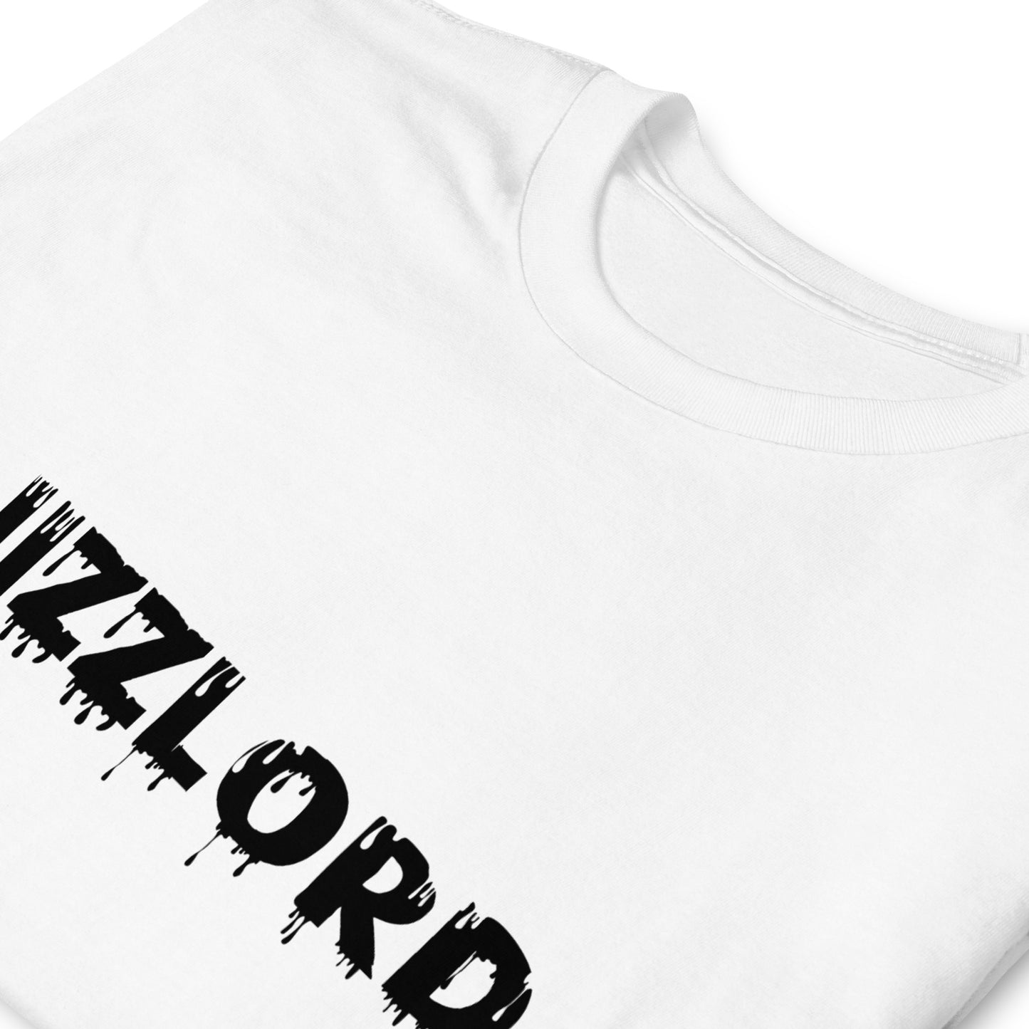 white offensive t-shirt that reads Jizzlord, folded and laid flat