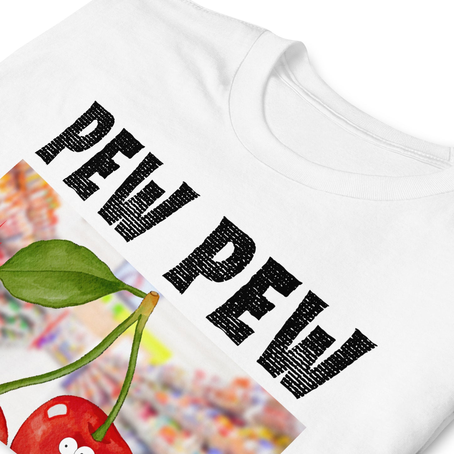 Funny Pew Pew Madafakas T-shirt, cherry shoots up a supermarket design on white folded shirt