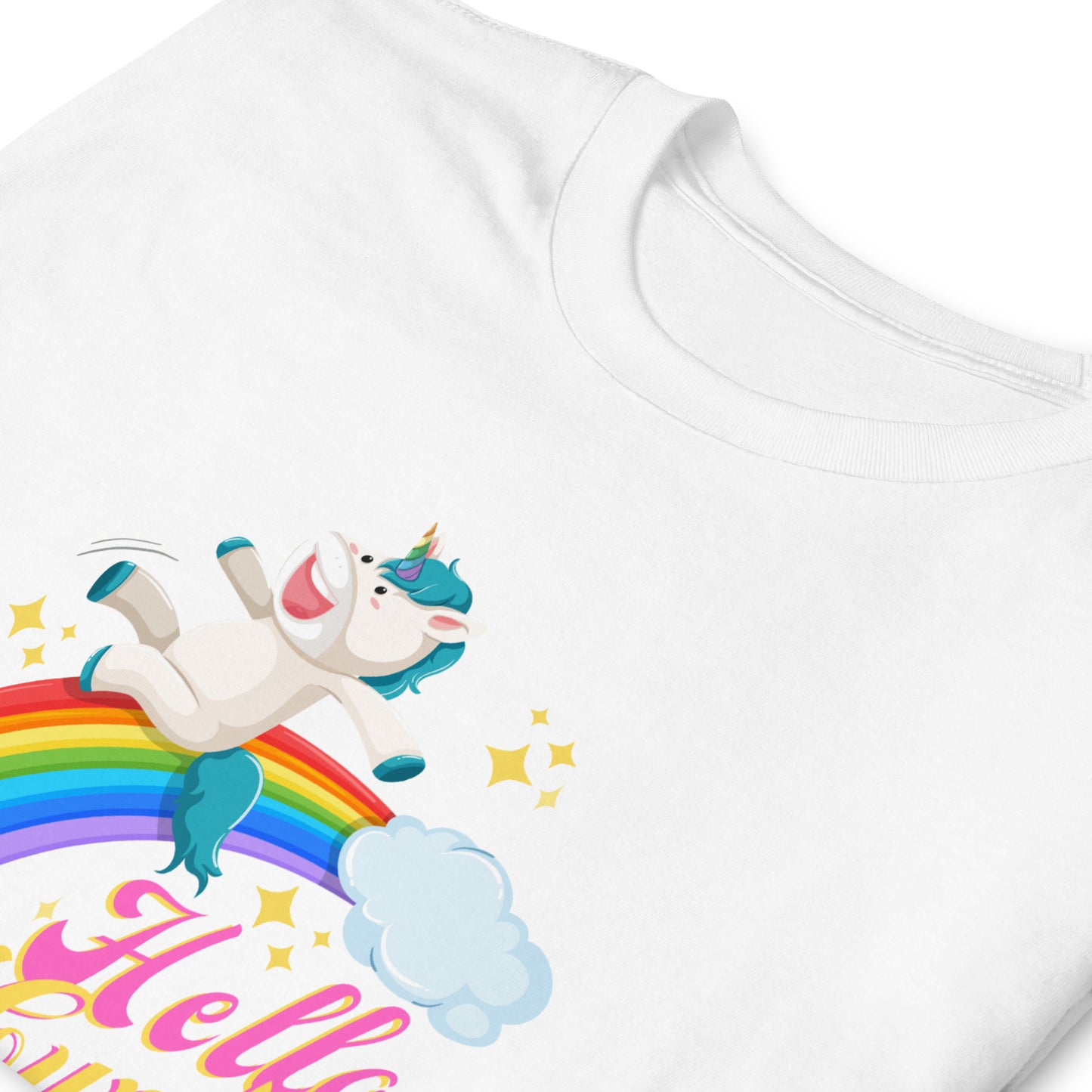 Possibly offensive T-shirt that has a unicorn sliding down a rainbow on it with text that reads Hello Cunty, white, folded.