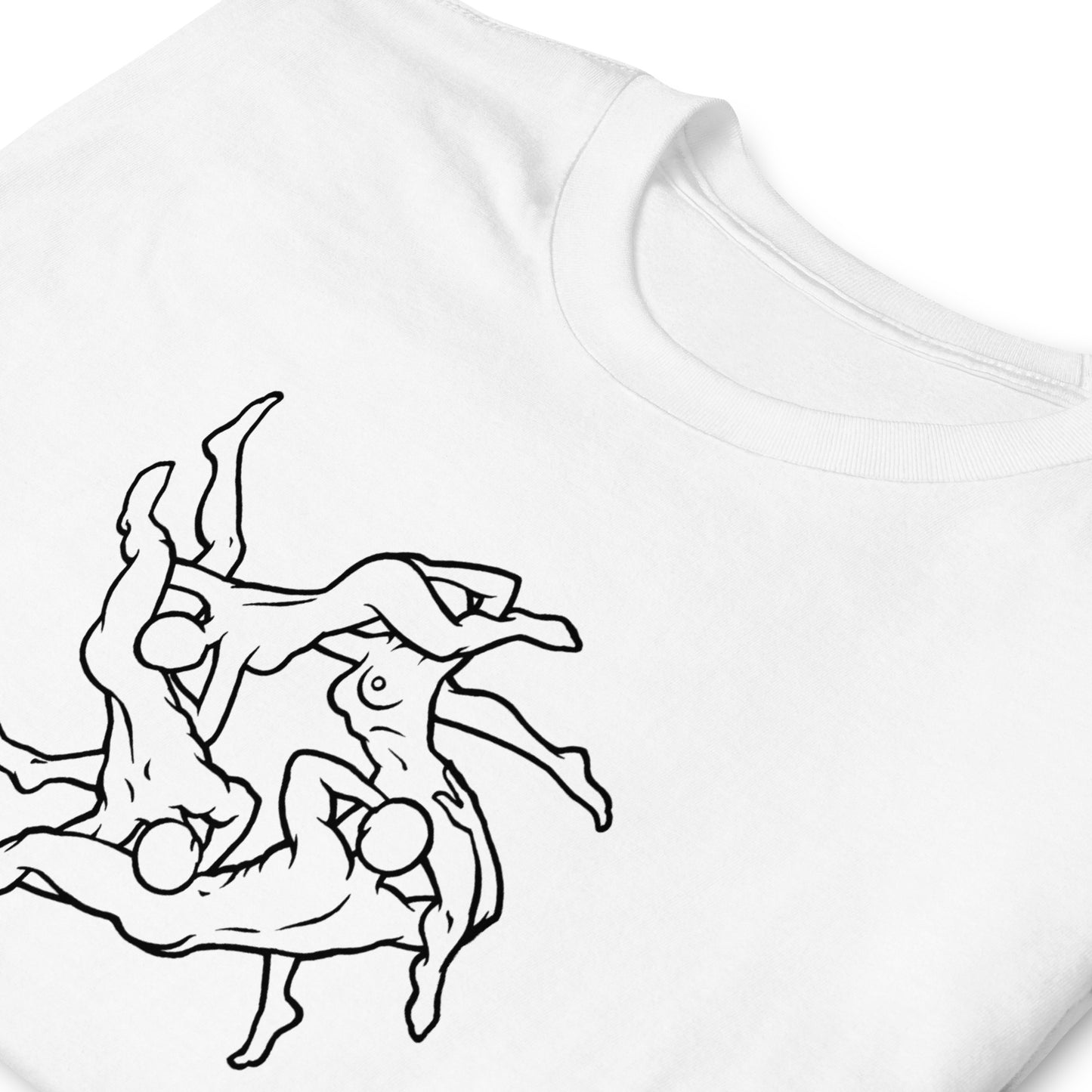 T-shirt with four adults having an orgy outline graphic, white shirt folded.