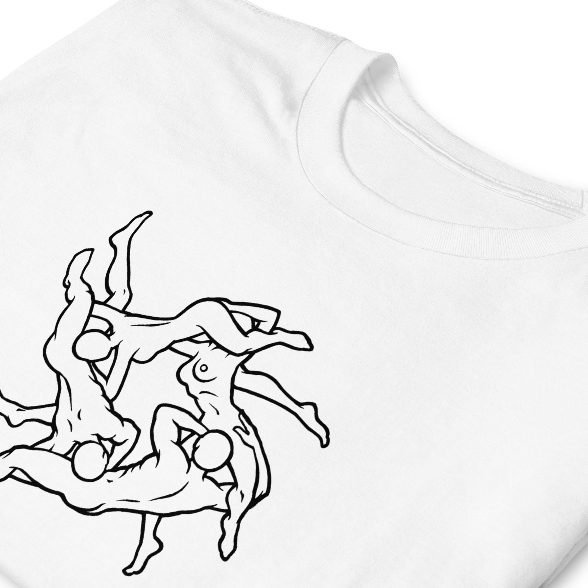 T-shirt with four adults having an orgy outline graphic, white shirt folded.