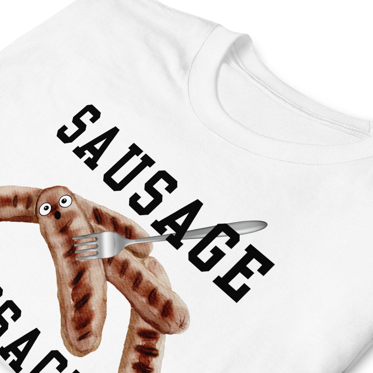 Folded funny sausage massacre T-shirt with a fork through a shocked sausage. white.