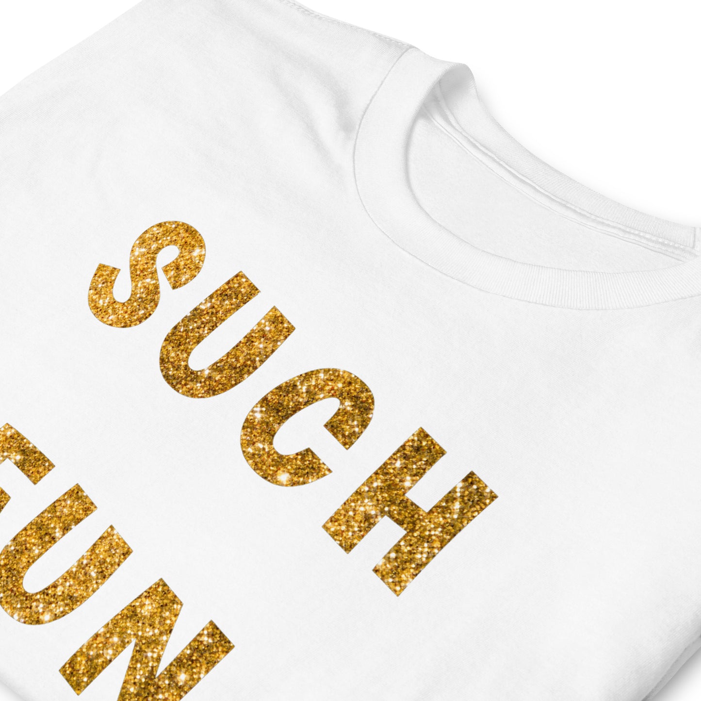 folded white Such Fun T-shirt with printed glitter effect gold letters