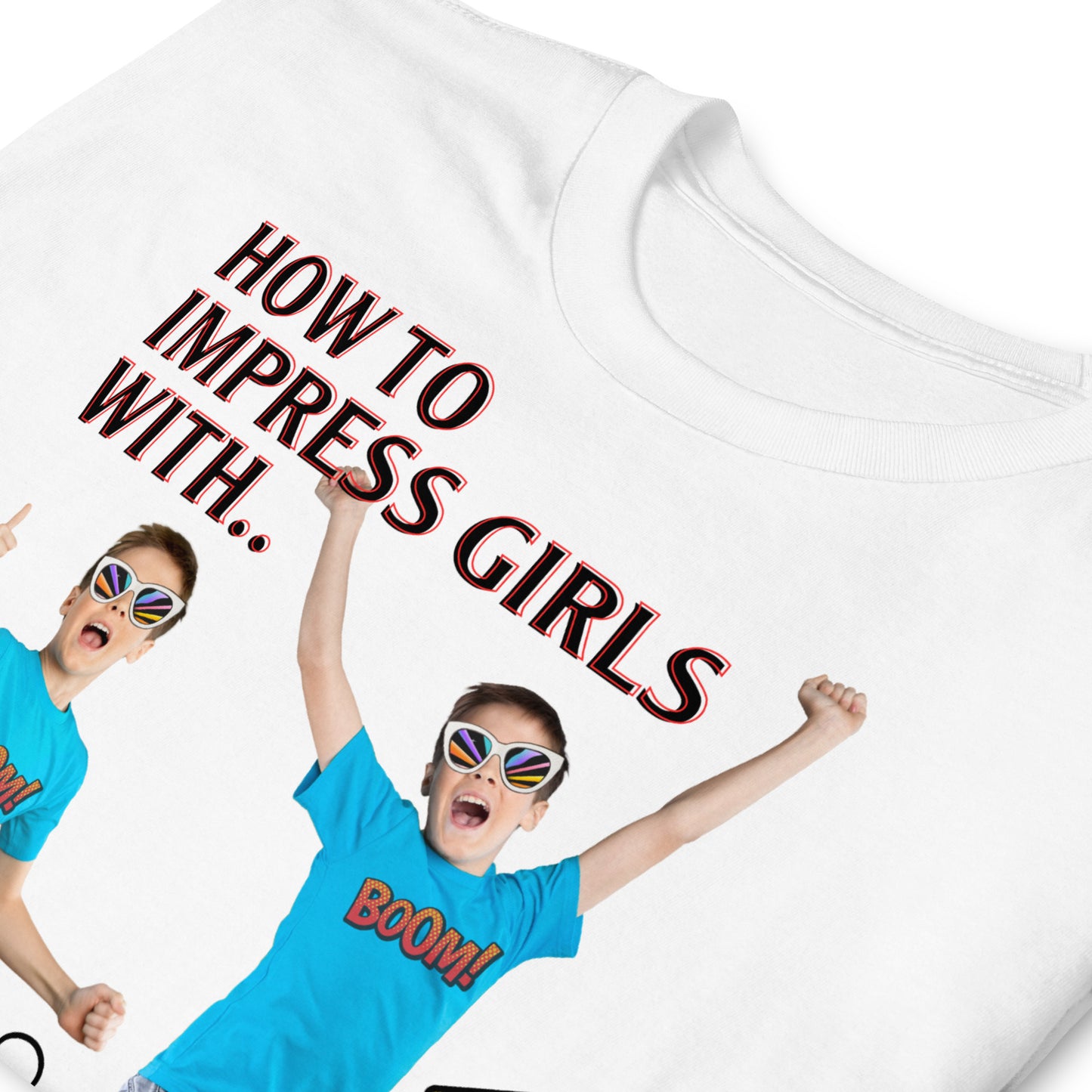 folded Funny white T-shirt with a boy jumping in the air and farting that reads How To Impress Girls With Power Farts.