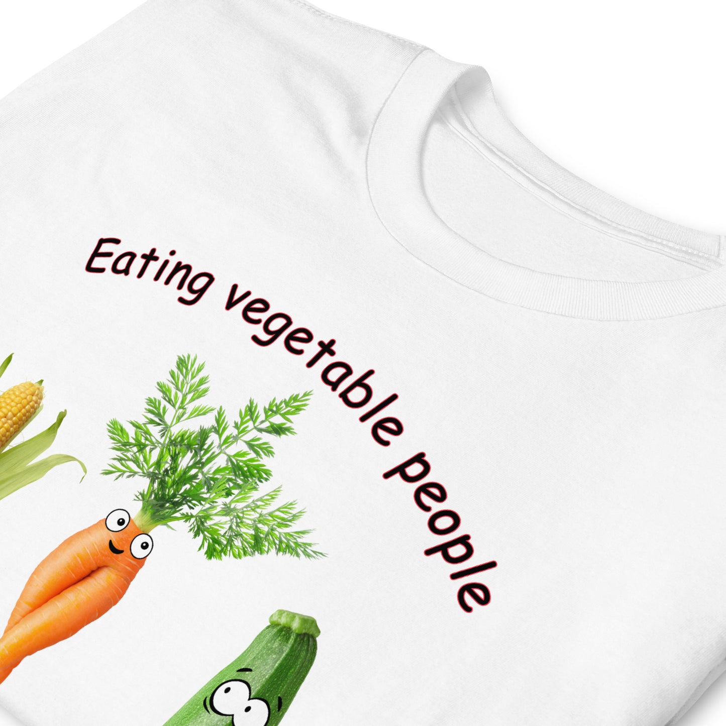 folded white Eating Vegetable People is Wrong! T-shirt with humanised vegetables.