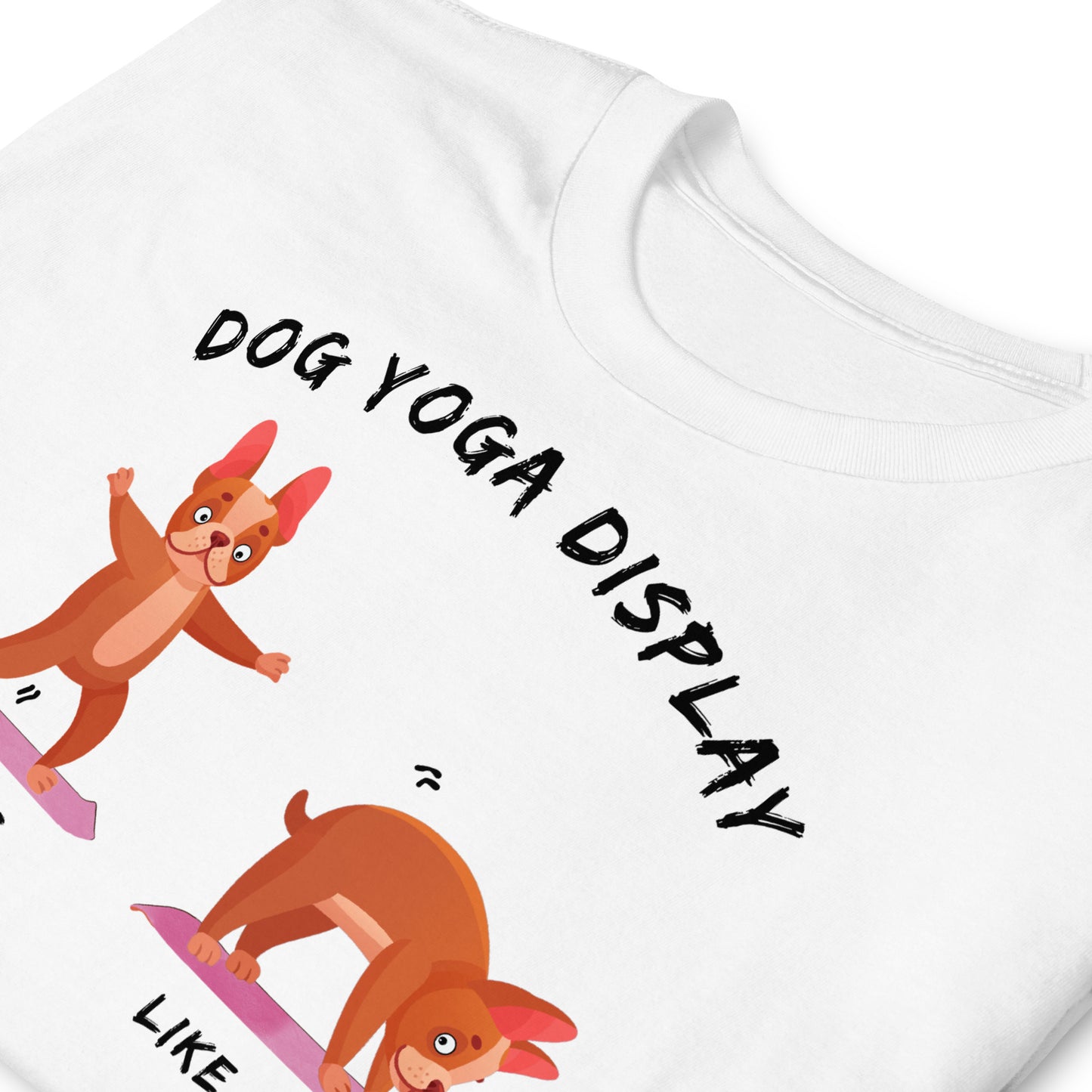 white DOG YOGA funny t-shirt with dog making yoga poses who then runs off when he sees a squirrel