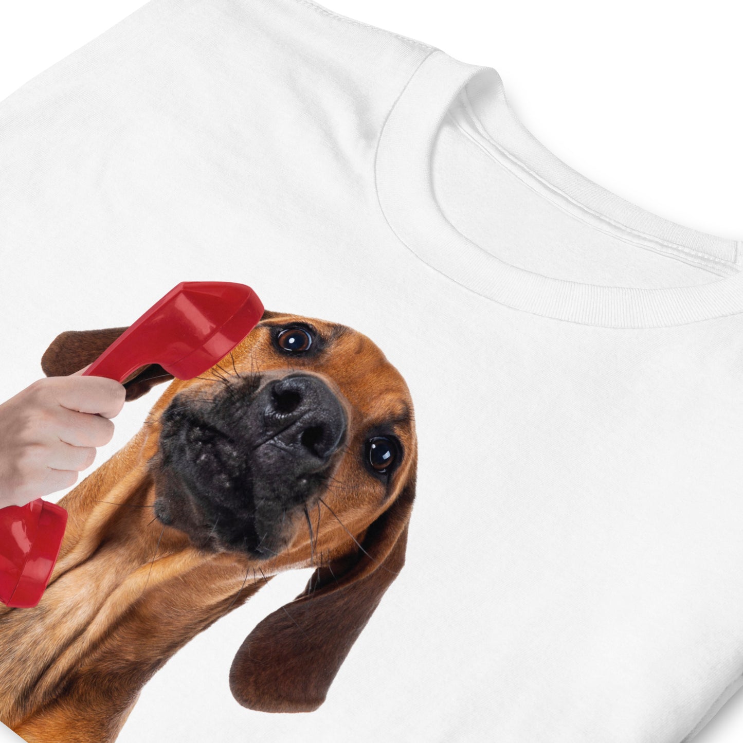 floppy earred dog calls 911 to report his balls missing T-shirt, white, folded.