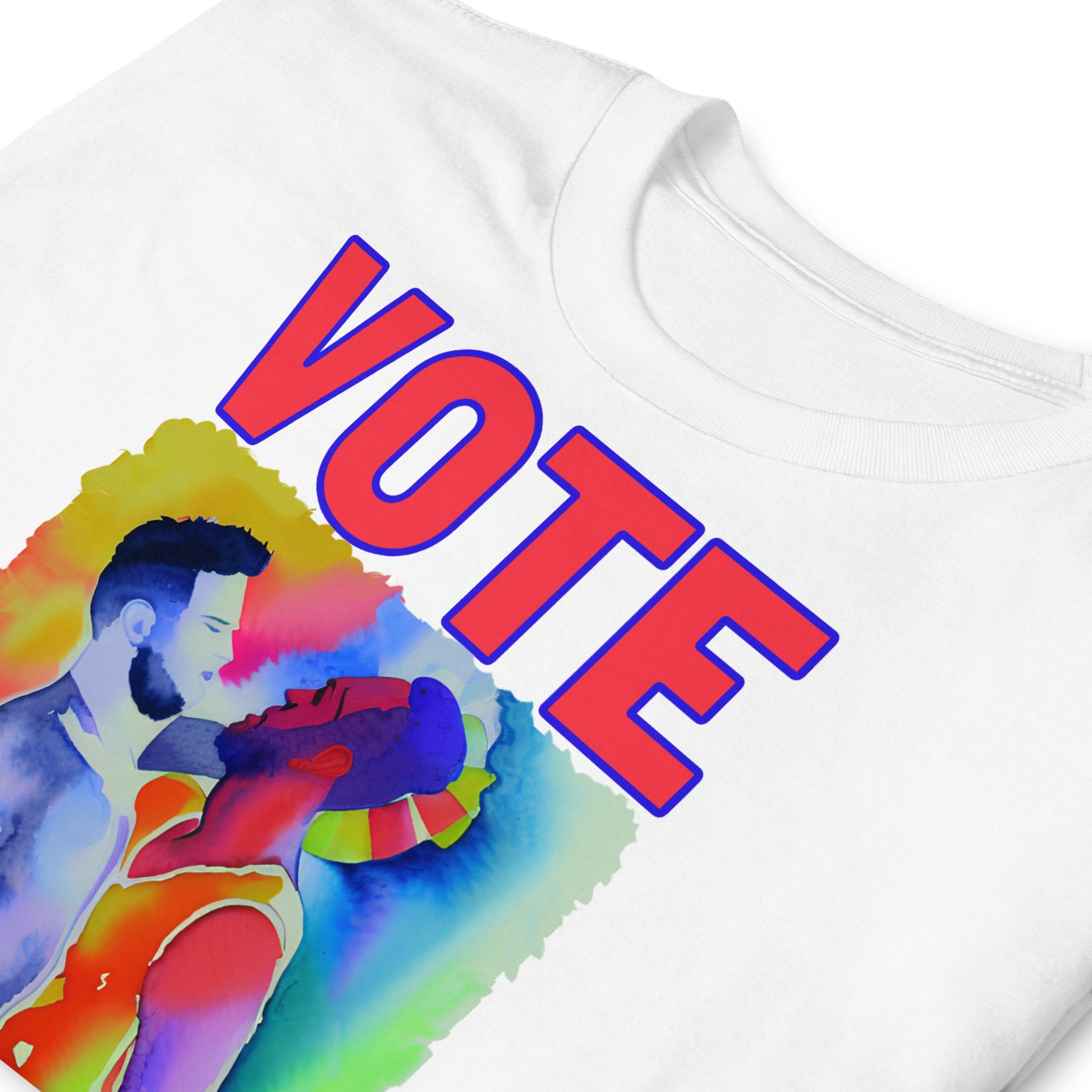 funny VOTE GAY PARTY! T-shirt with an image of two men dancing , folded, white