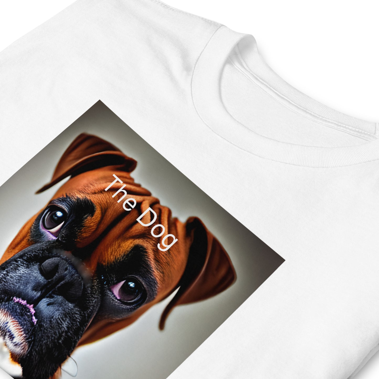 folded white T-shirt with an iphone screen shot of an incoming call from a sad Boxer dog, with accept or decline buttons, and the message A Dog Is For Life