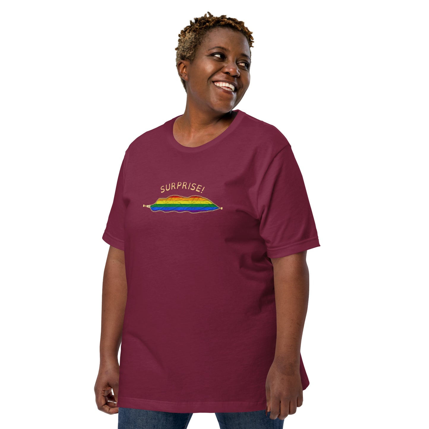 Funny SURPRISE! Coming Out Open Zipper Print LGBTQ Unisex t-shirt