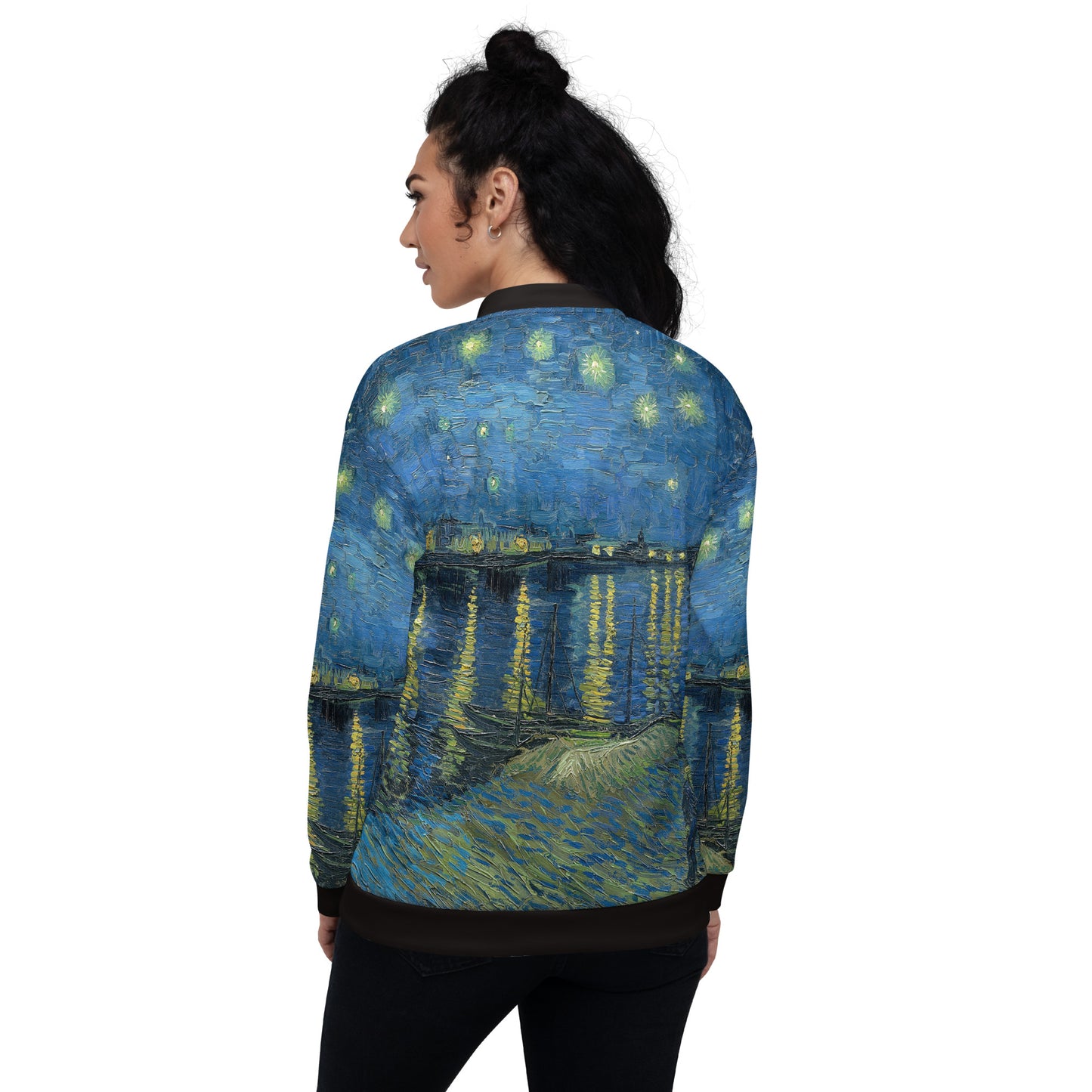 All over printed lightweight bomber style jacket in Van Gogh's Starry Night Over the Rhone design. Female model rear view.