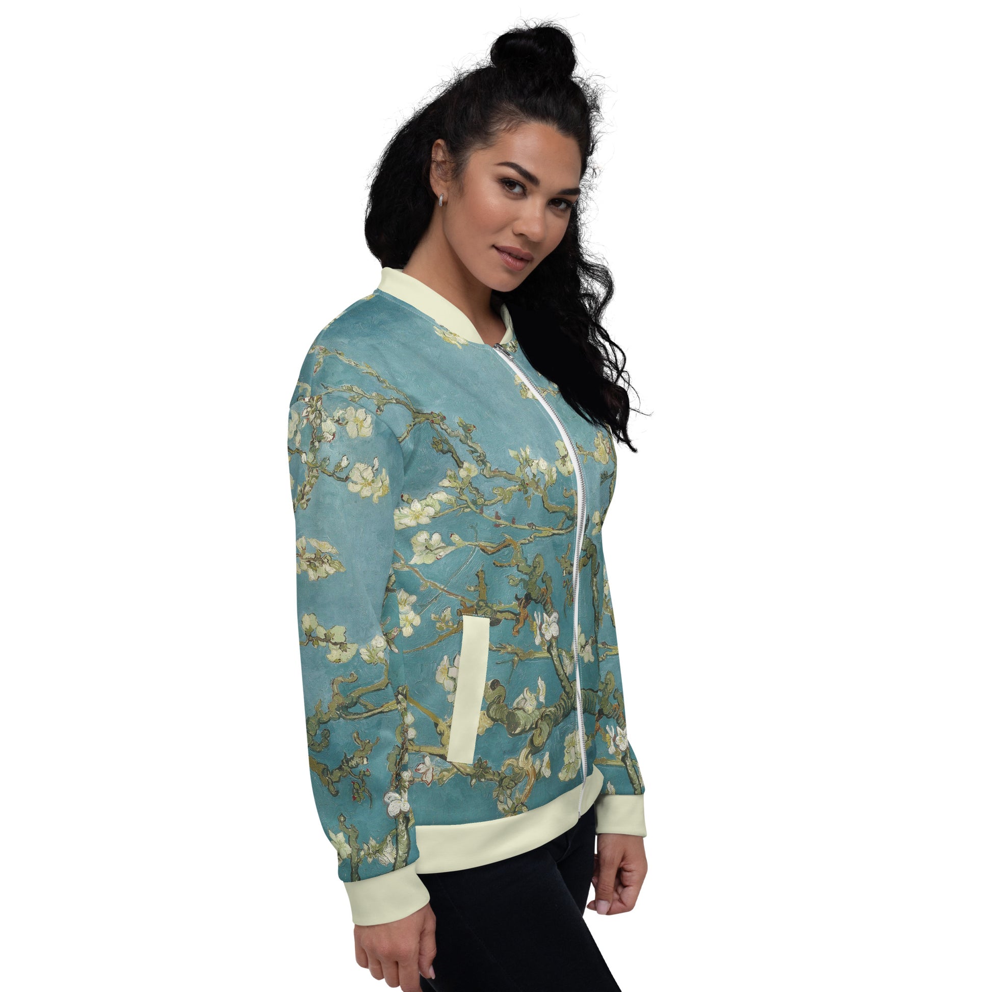 All over printed lightweight bomber style jacket featuring Vincent Van Gogh's Almond Blossom. female model right side view.