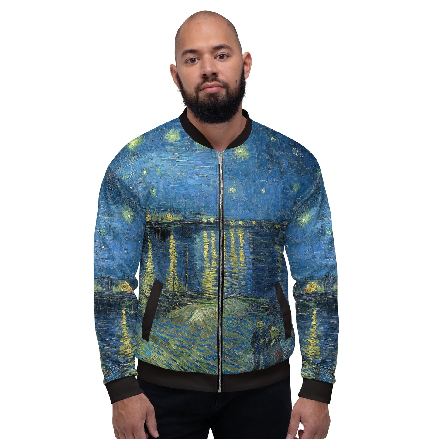 male model wearing an all over printed lightweight bomber style jacket in Van Gogh's Starry Night Over the Rhone design.