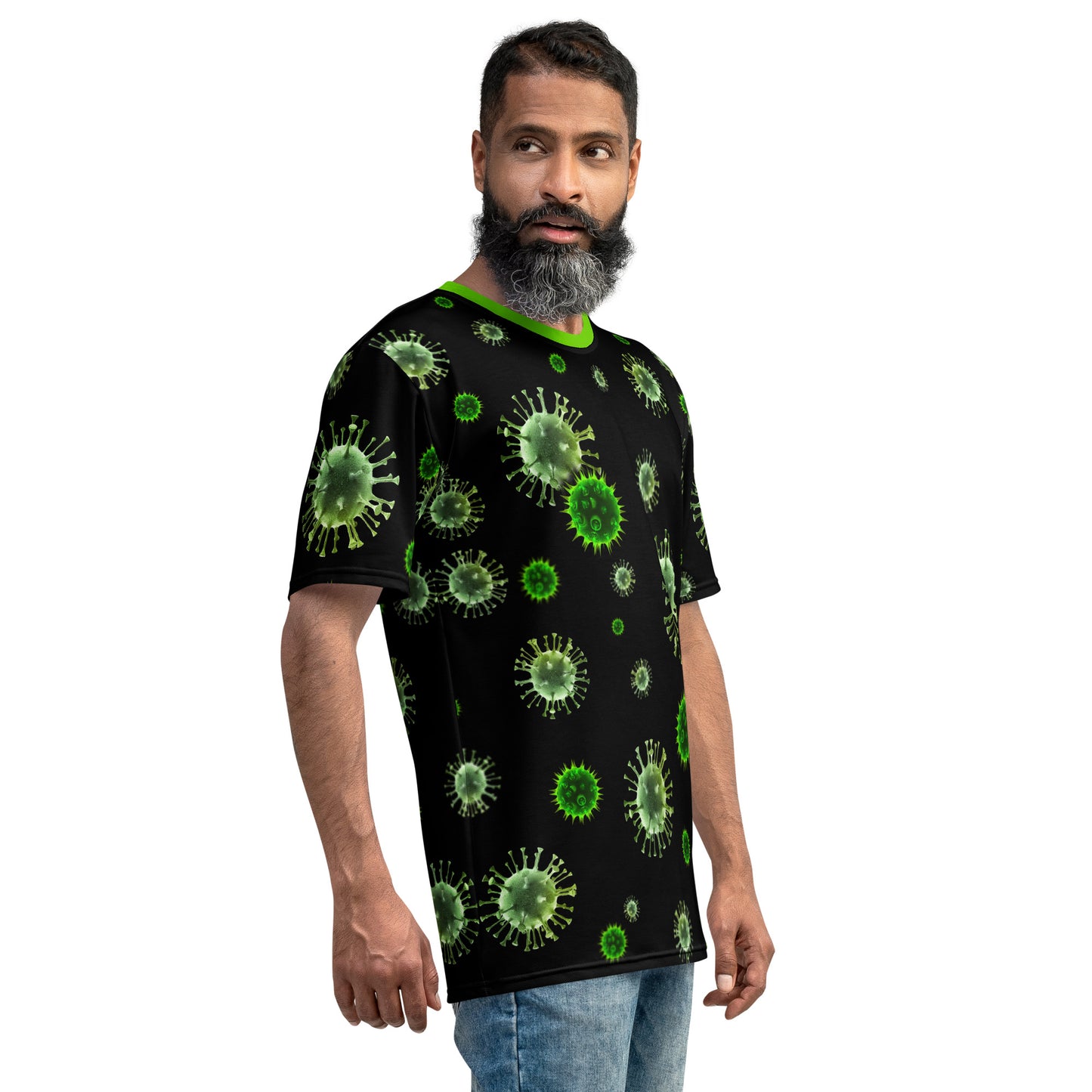 man wearing Virus microbes novelty all over print men's t-shirt front right