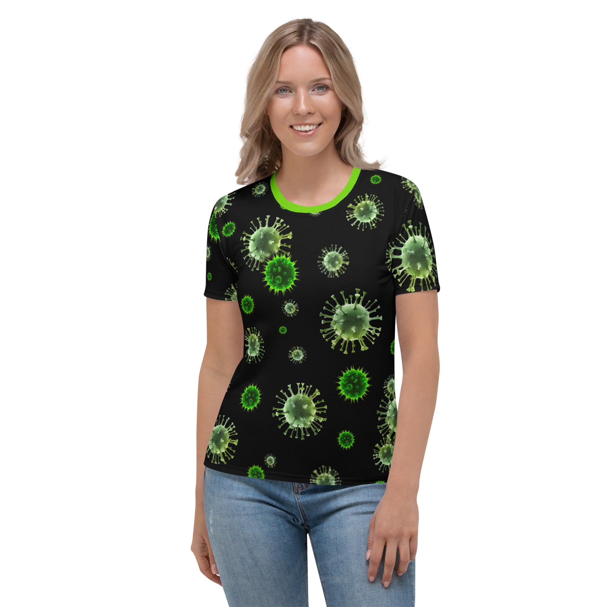 women's all over print virus microbes novelty t-shirt front view female model