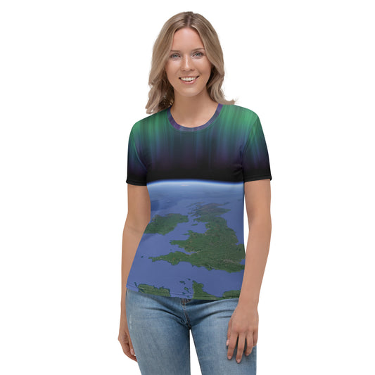 woman wearing a t-shirt showing the British Isles from space with the aurora borealis above, front view