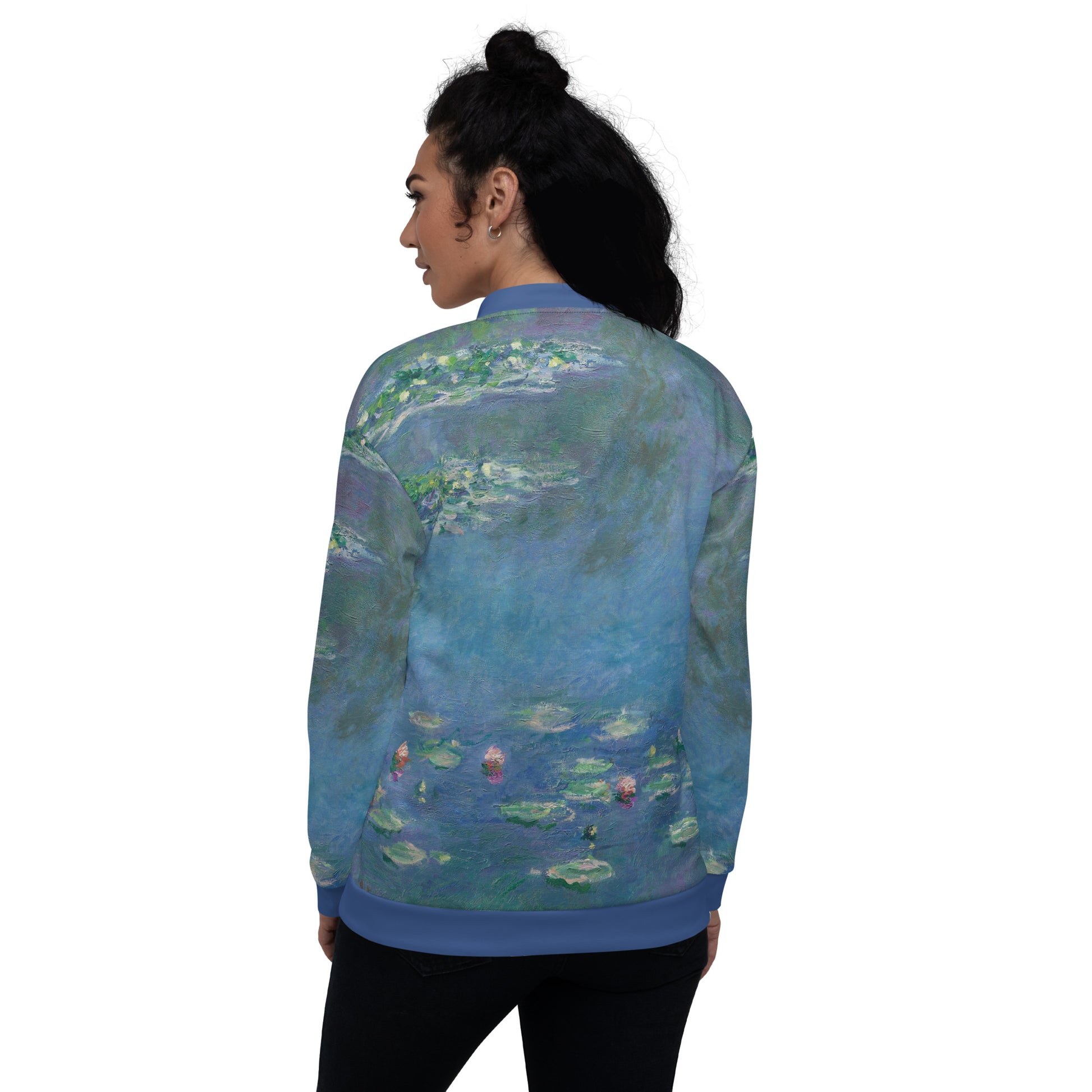 Lightweight unisex bomber style jacket printed with Claude Monet's 'Water Lilies'. Back view of female model.