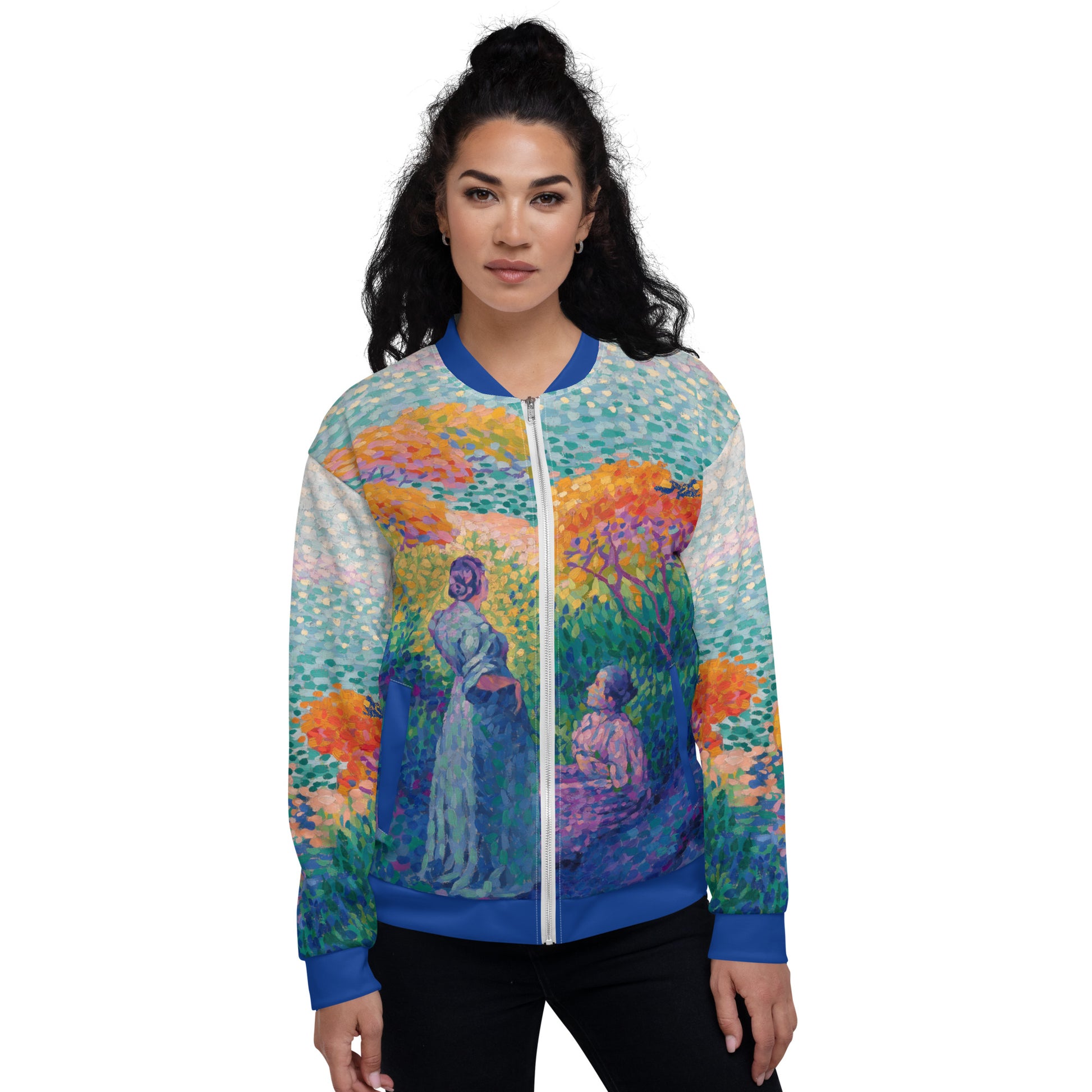 Unisex lightweight all over print bomber jacket featuring Henri Edmond Cross 'Two Women By The Shore'. Female model front view.