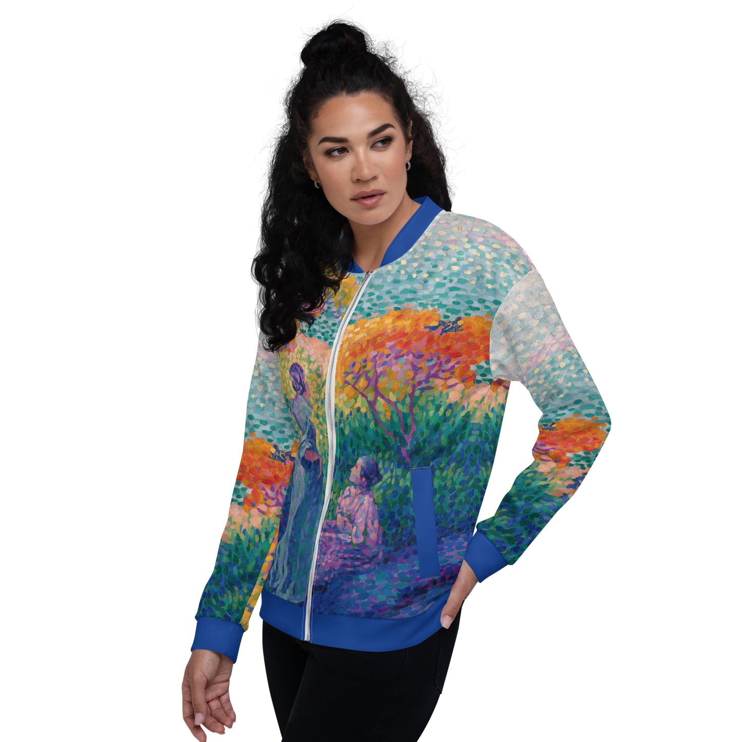 Unisex lightweight all over print bomber jacket featuring Henri Edmond Cross 'Two Women By The Shore'.