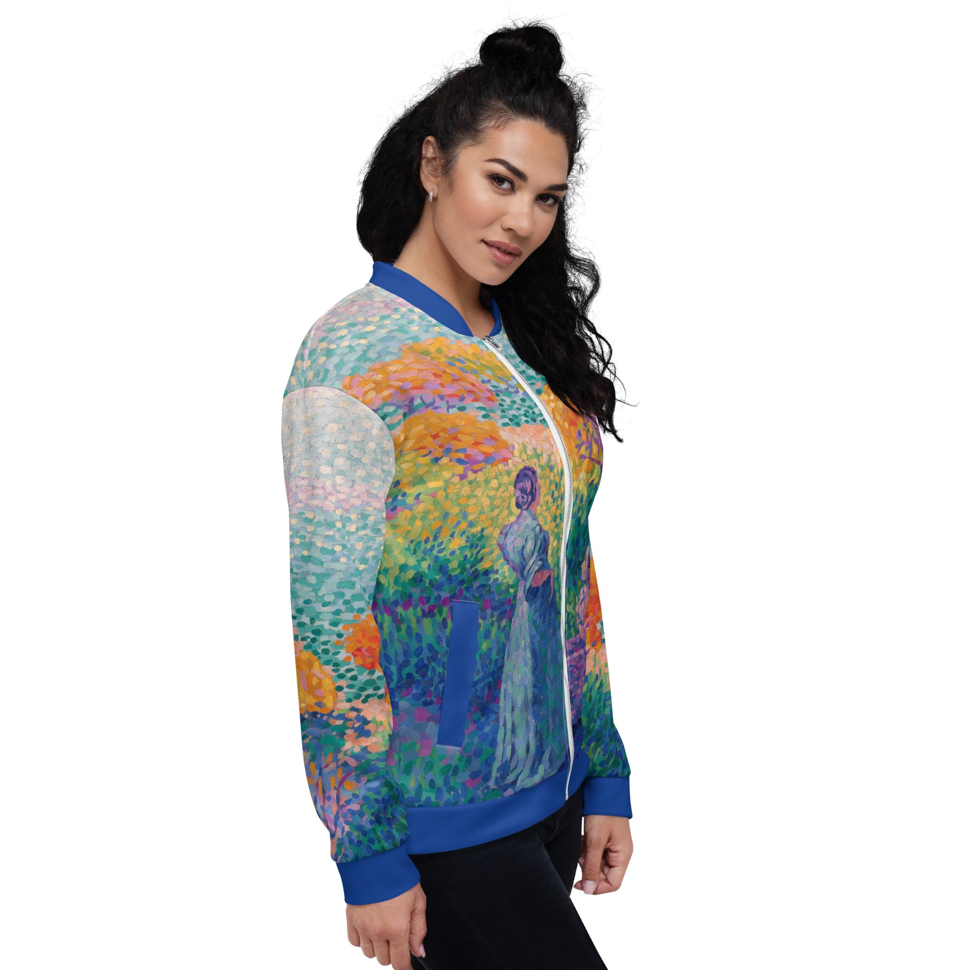 Unisex lightweight all over print bomber jacket featuring Henri Edmond Cross 'Two Women By The Shore'. Female model.