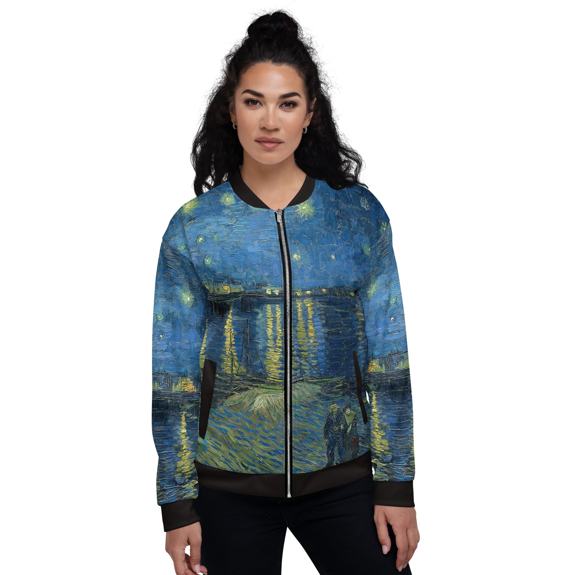 All over printed lightweight bomber style jacket in Van Gogh's Starry Night Over the Rhone design. Female model front view.