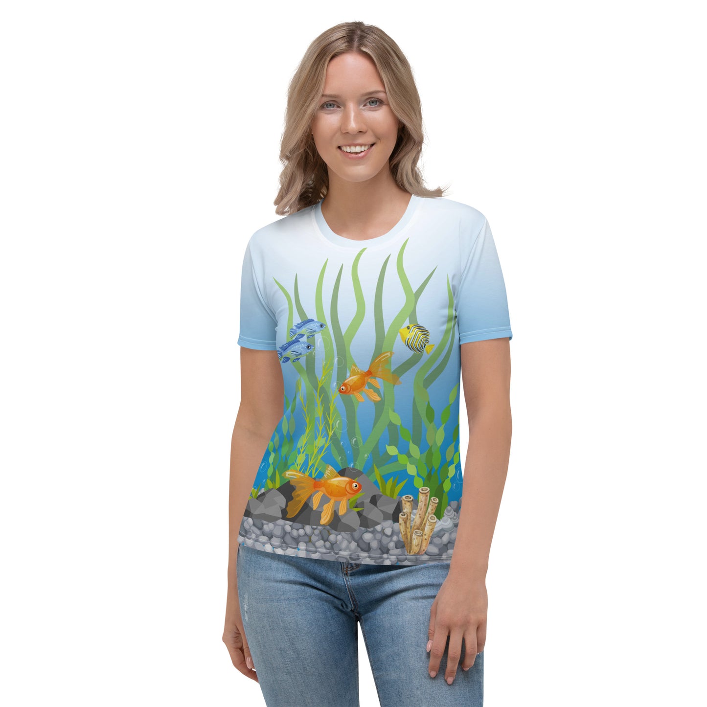 Woman wearing a tropical fish aquarium scene all over print T-shirt, front view