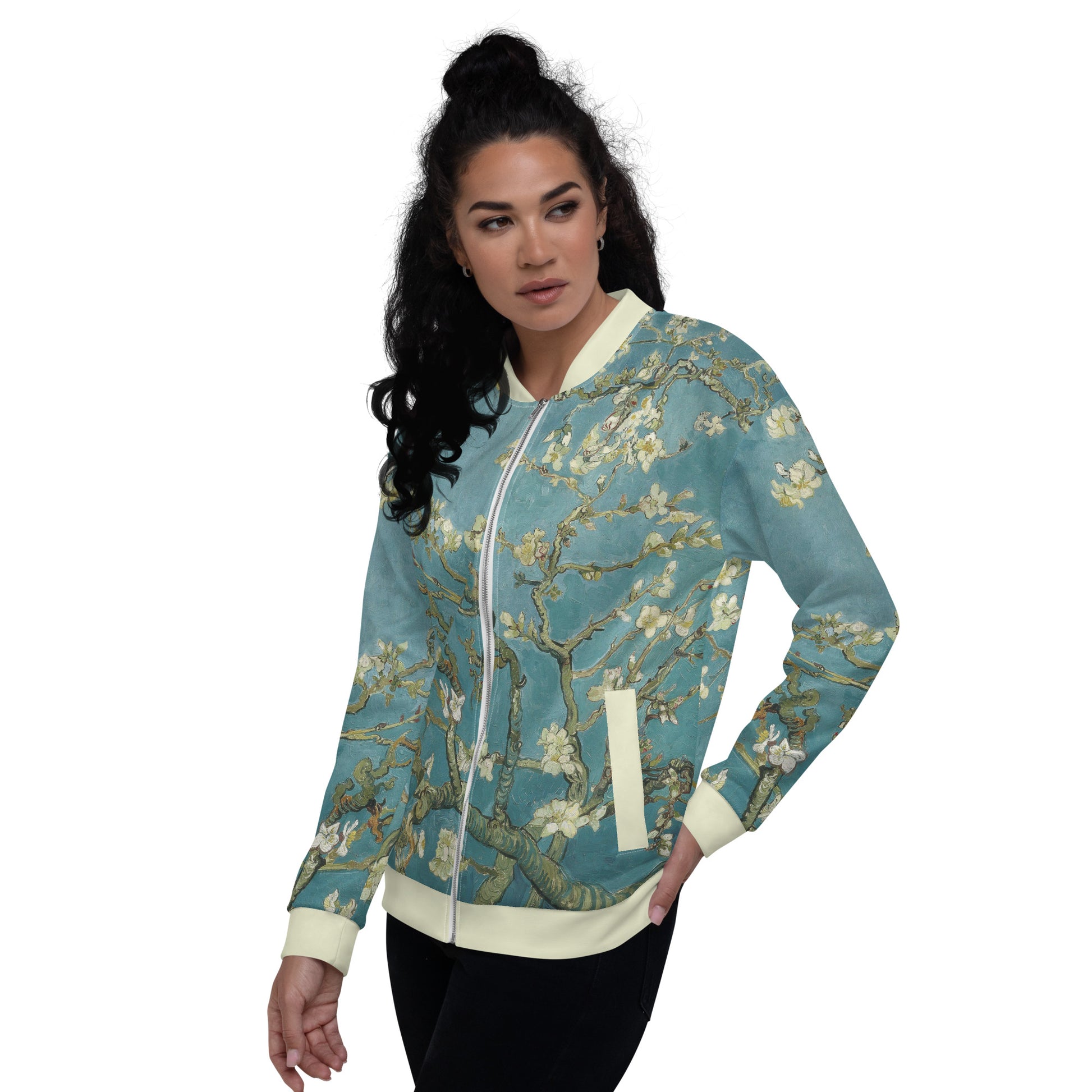 All over printed lightweight bomber style jacket featuring Vincent Van Gogh's Almond Blossom. women's, front left view.