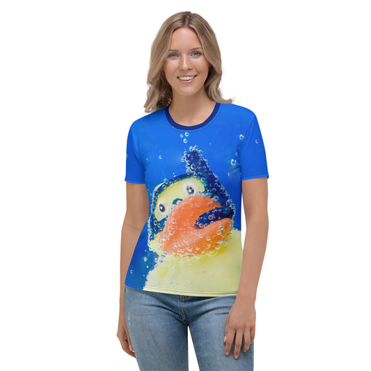 Young woman wearing an all over print Rubber Duck Snorkelling Underwater T-shirt, facing forwards.