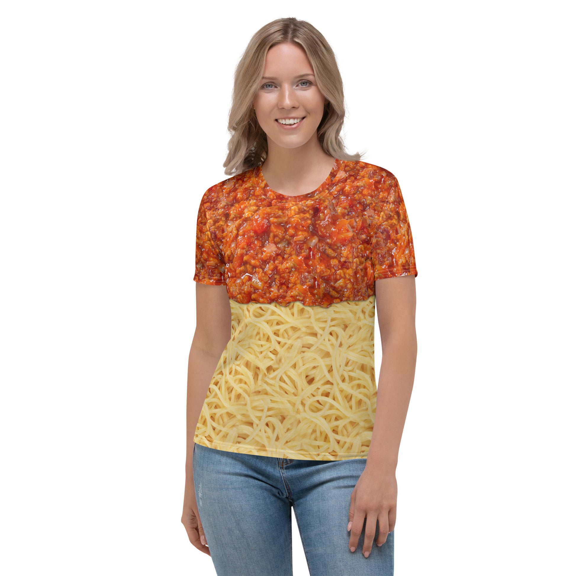 Young woman wearing a spaghetti bolognese all over print T-shirt, facing front.