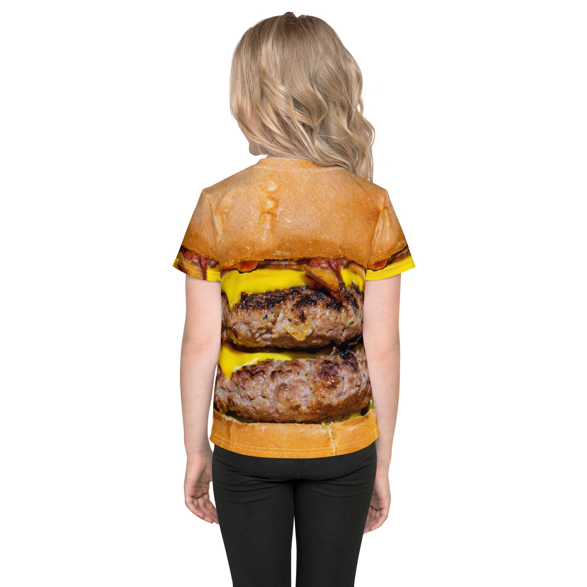 Little girl wearing a Cheeseburger T-shirt with all over print design for kids age 2 to 7 years viewed from back.