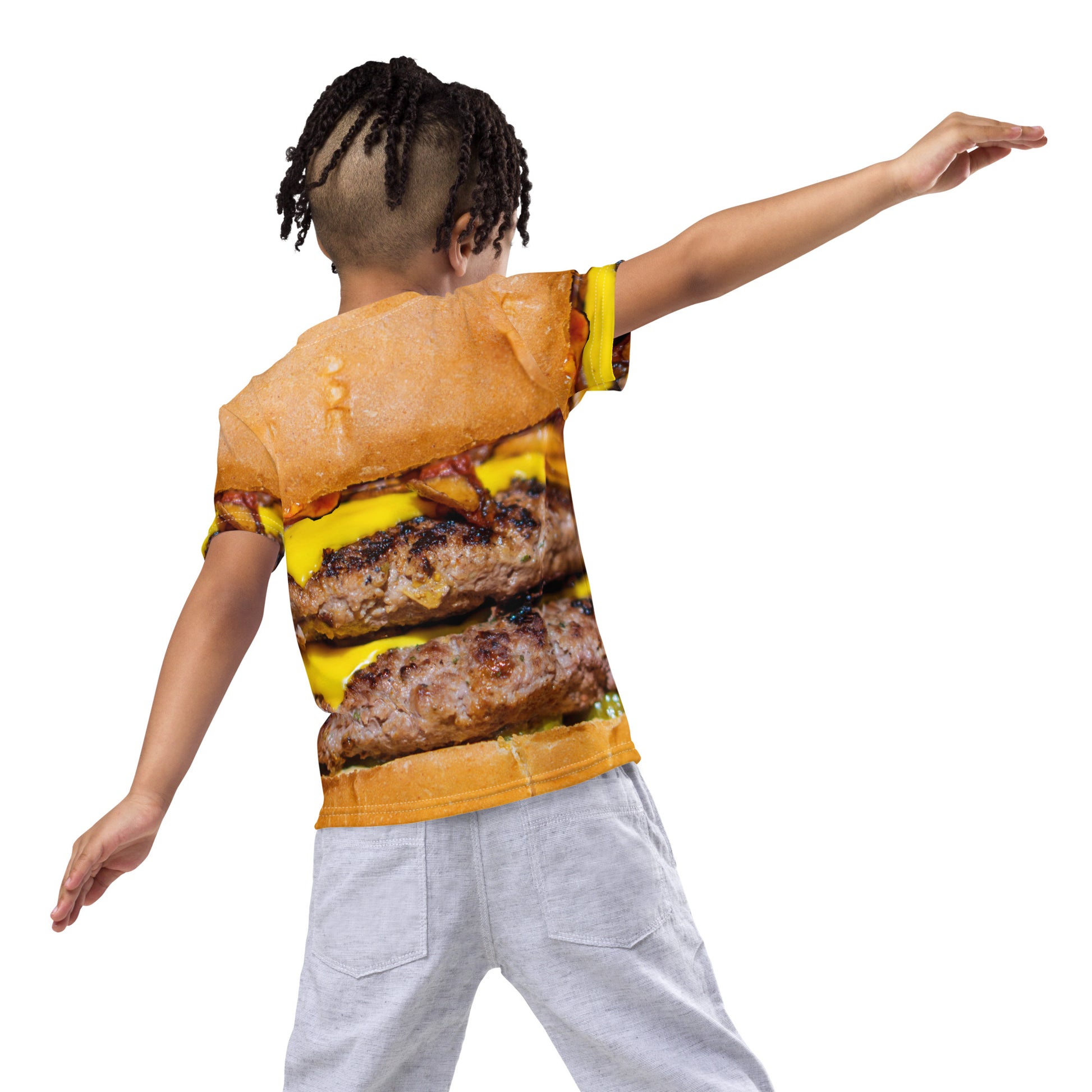 Young child modelling a Cheeseburger T-shirt with all over print design for kids age 2 to 7 years.