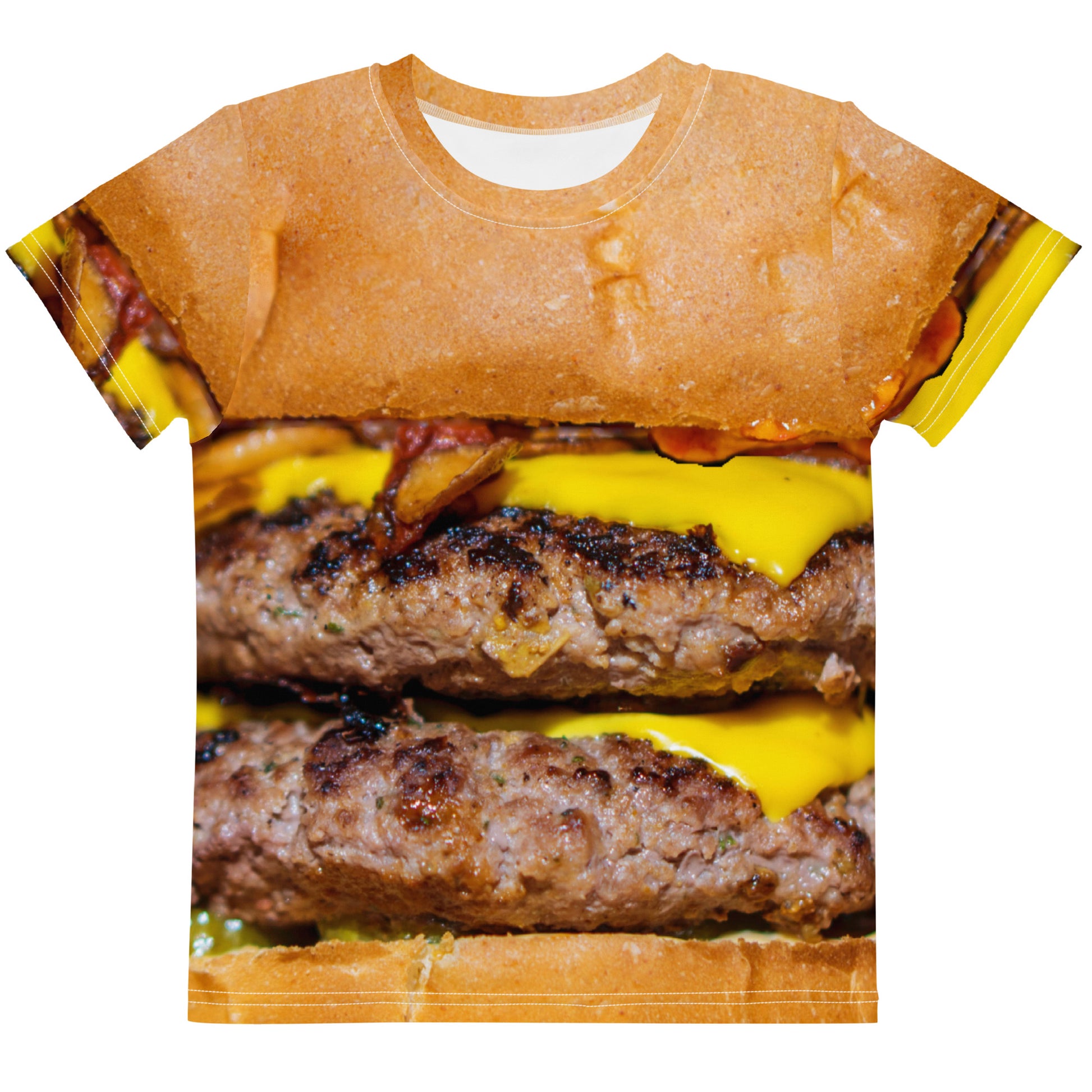 Front view of Cheeseburger T-shirt with all over print design for kids age 2 to 7 years.