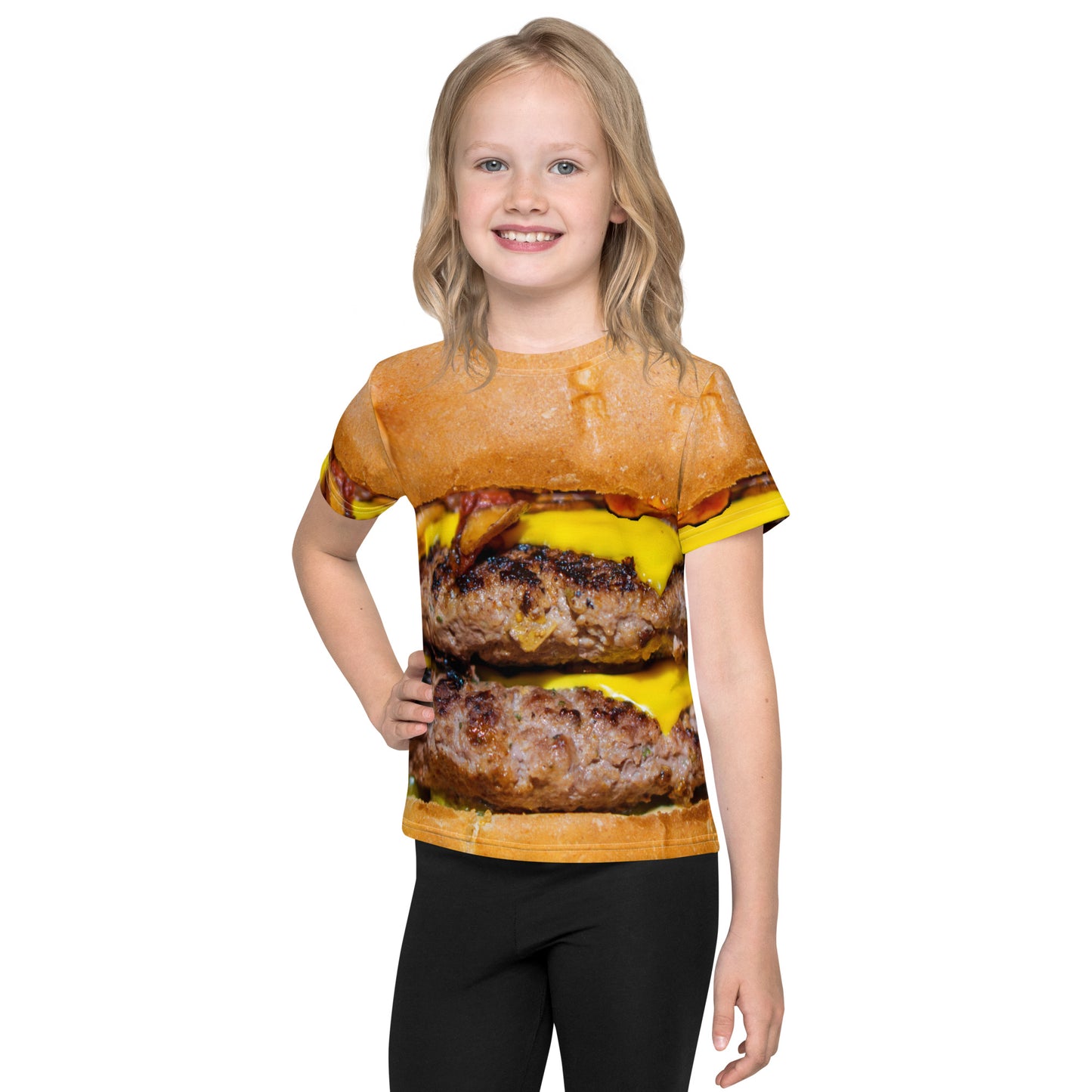 Little girl wearing a Cheeseburger T-shirt with all over print design for kids age 2 to 7 years.