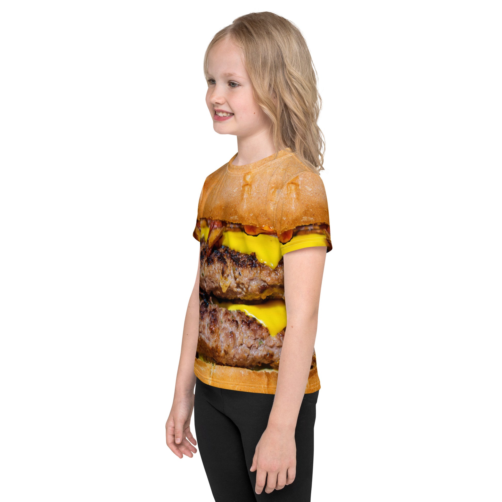 Little girl wearing a Cheeseburger T-shirt with all over print design for kids age 2 to 7 years left side view