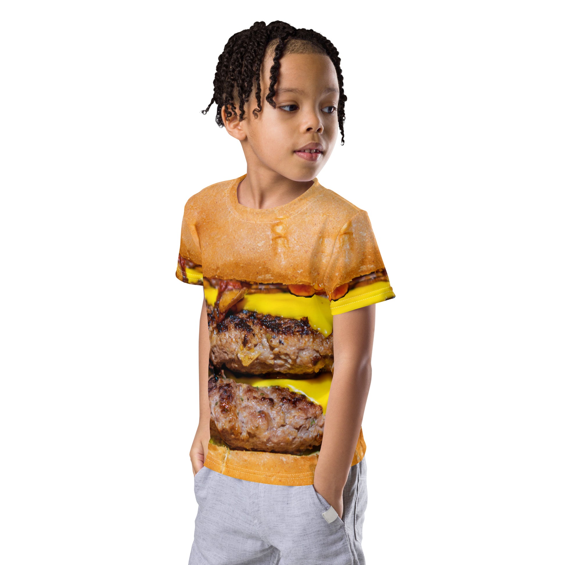 Cheeseburger T-shirt with all over print design for kids age 2 to 7 years.