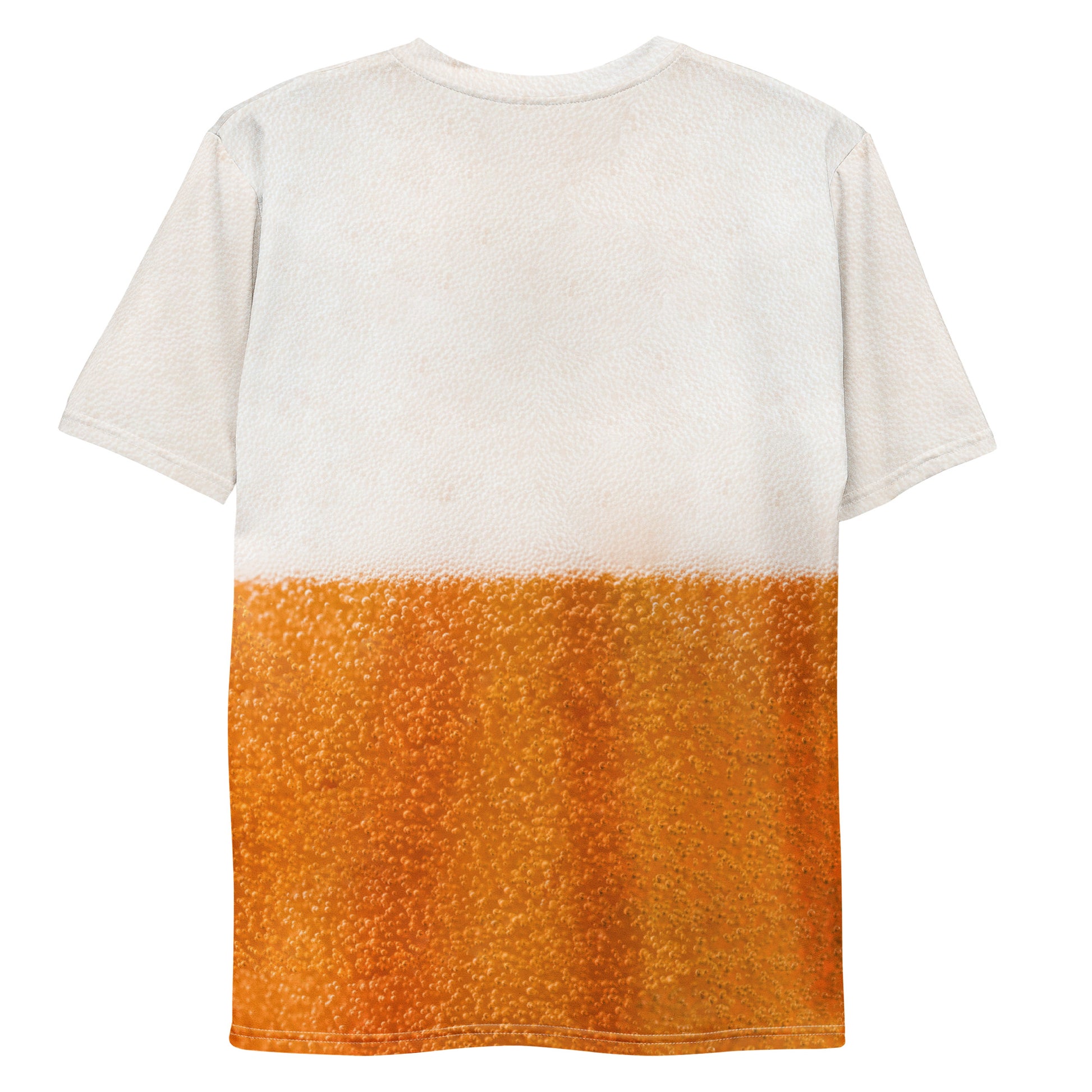 Beer bubbles with a frothy head all over print men's T-shirt  rear view laid flat