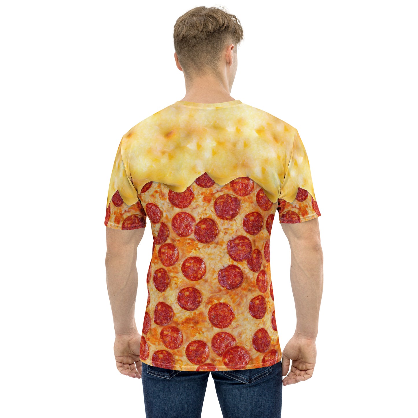 male model wearing Men's pepperoni pizza with melting cheese all over print T-shirt back