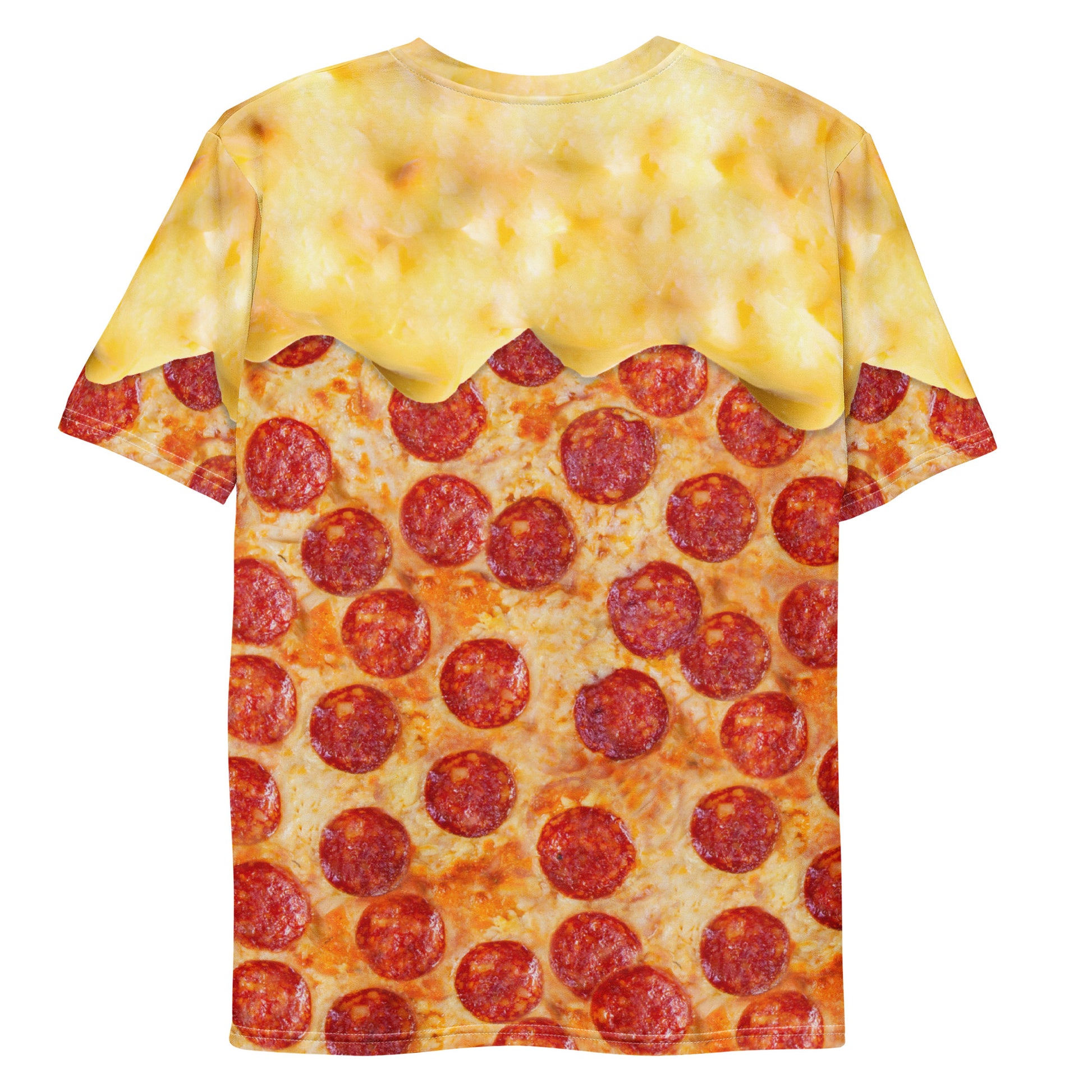 Men's pepperoni pizza with melting cheese all over print T-shirt laid flat back