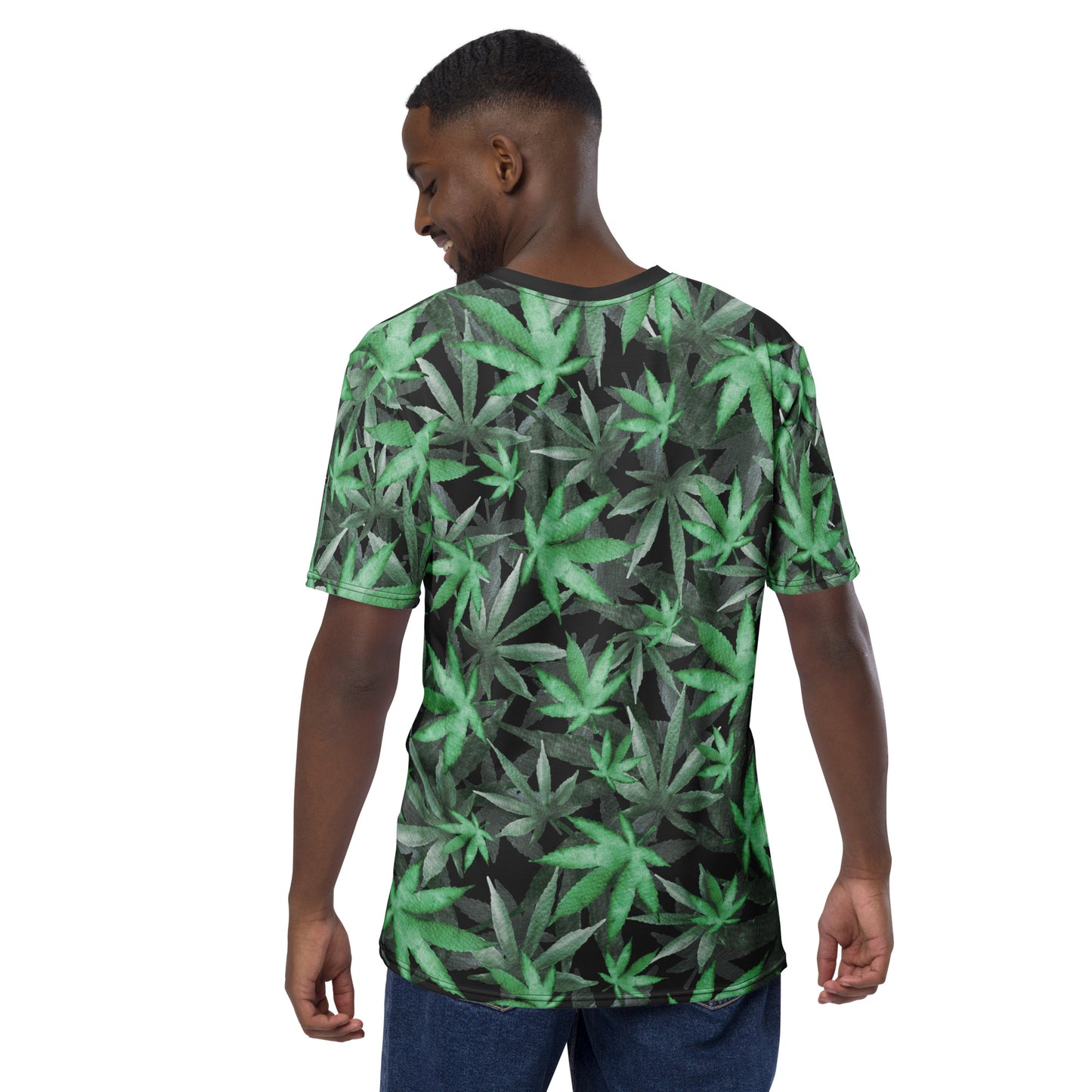 male model facing backwards wearing Cannabis marijuana weed leaves all over print men's T-shirt