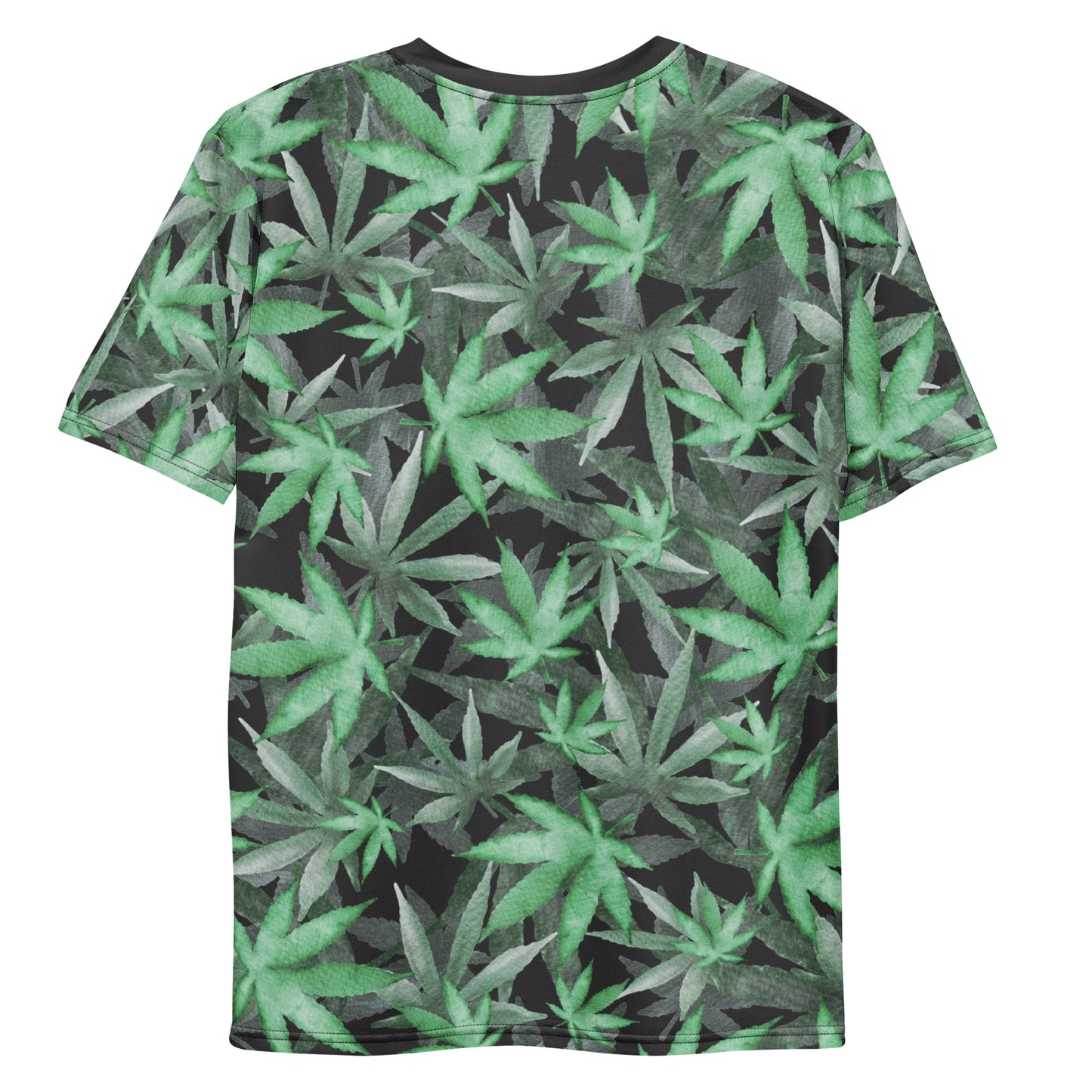 Cannabis marijuana weed leaves all over print men's T-shirt laid flat rear view