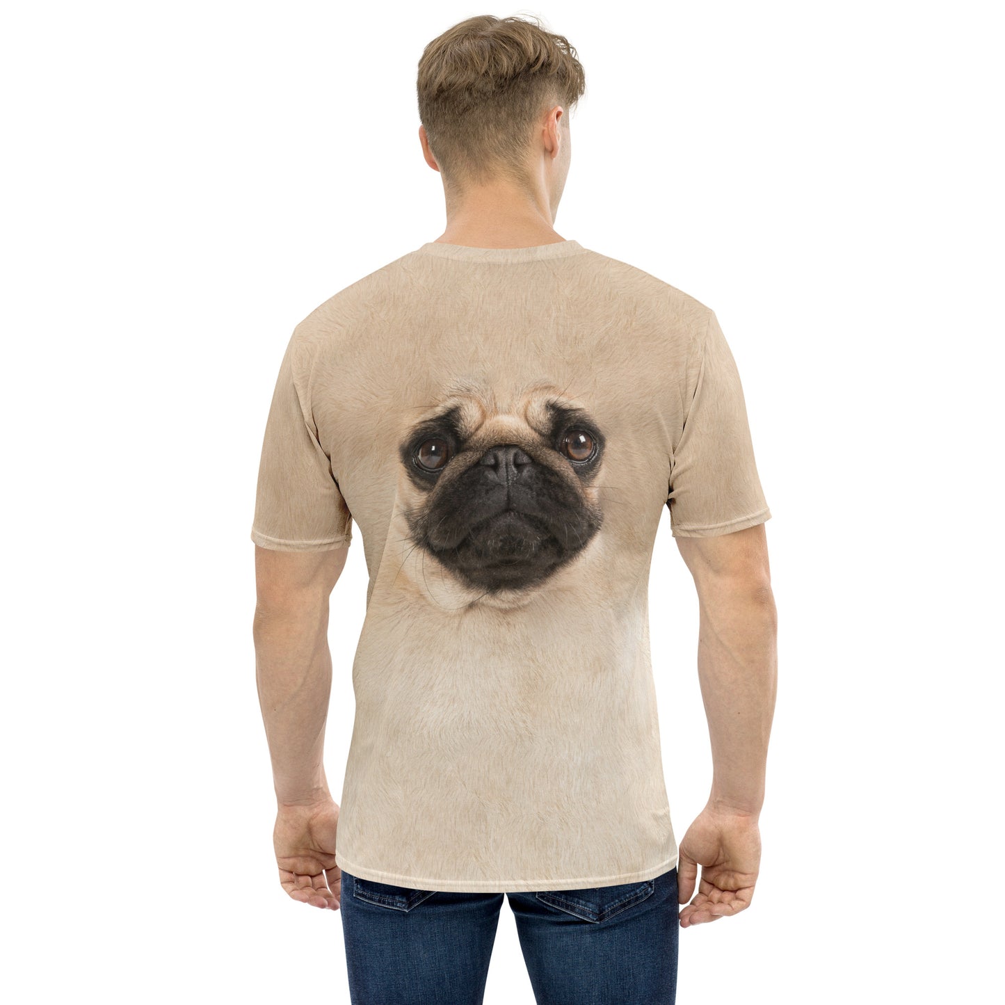 male model wearing Pug Dog face all over print men's T-shirt rear view