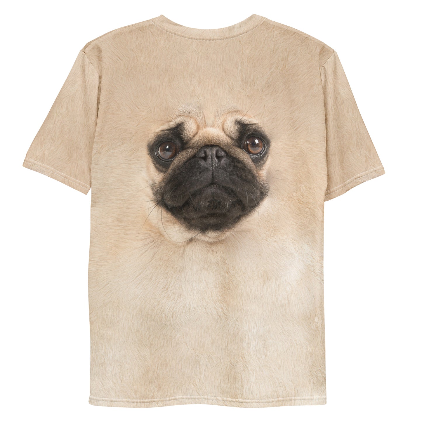 Pug Dog face all over print men's T-shirt laid flat back