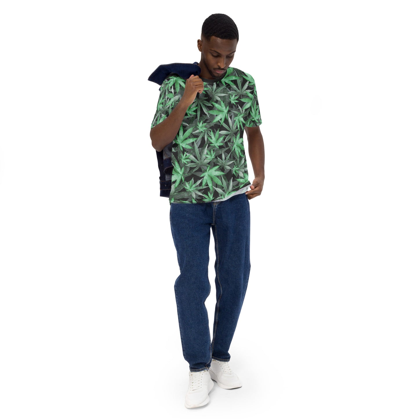 male model walking wearing Cannabis marijuana weed leaves all over print men's T-shirt