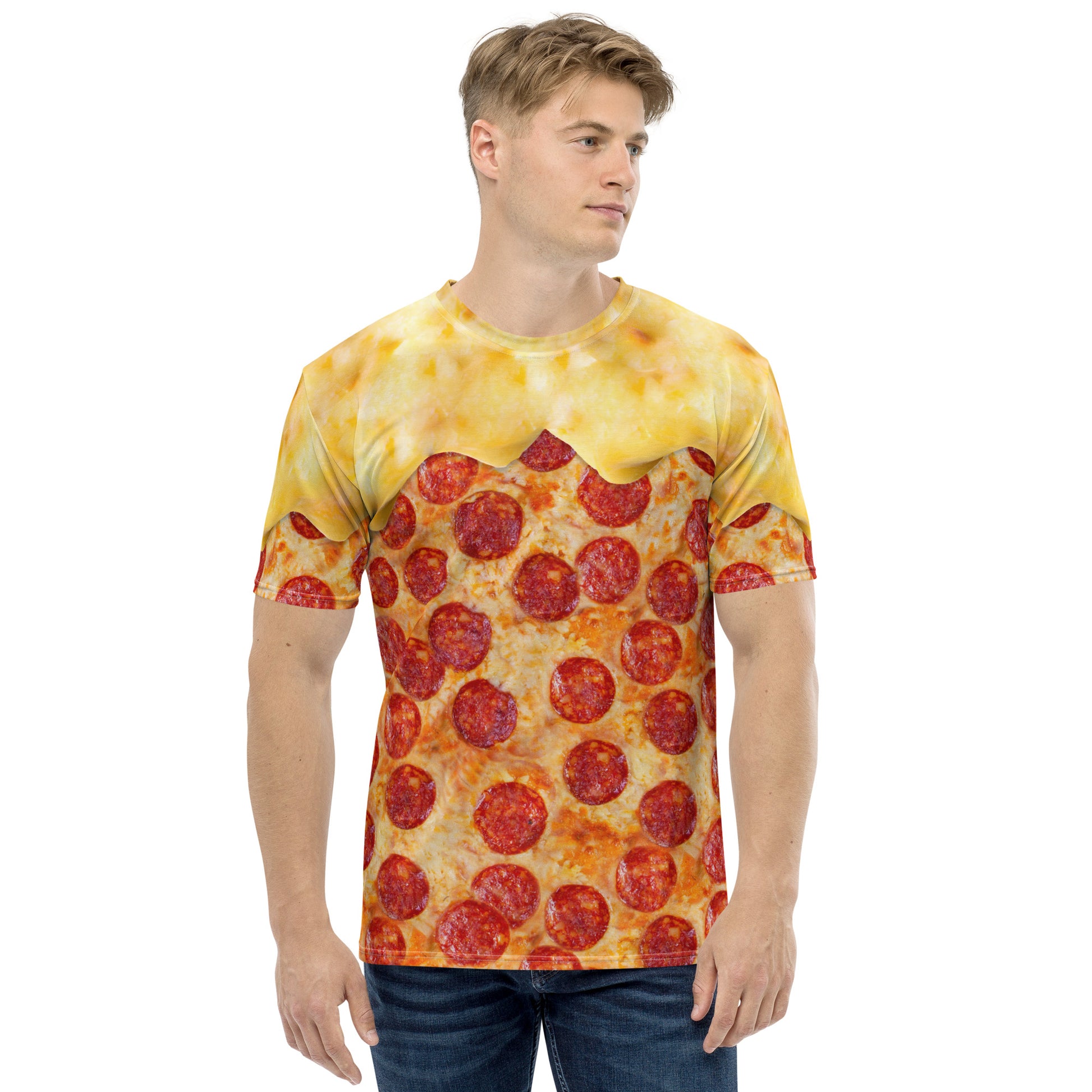 male model wearing Men's pepperoni pizza with melting cheese all over print T-shirt front