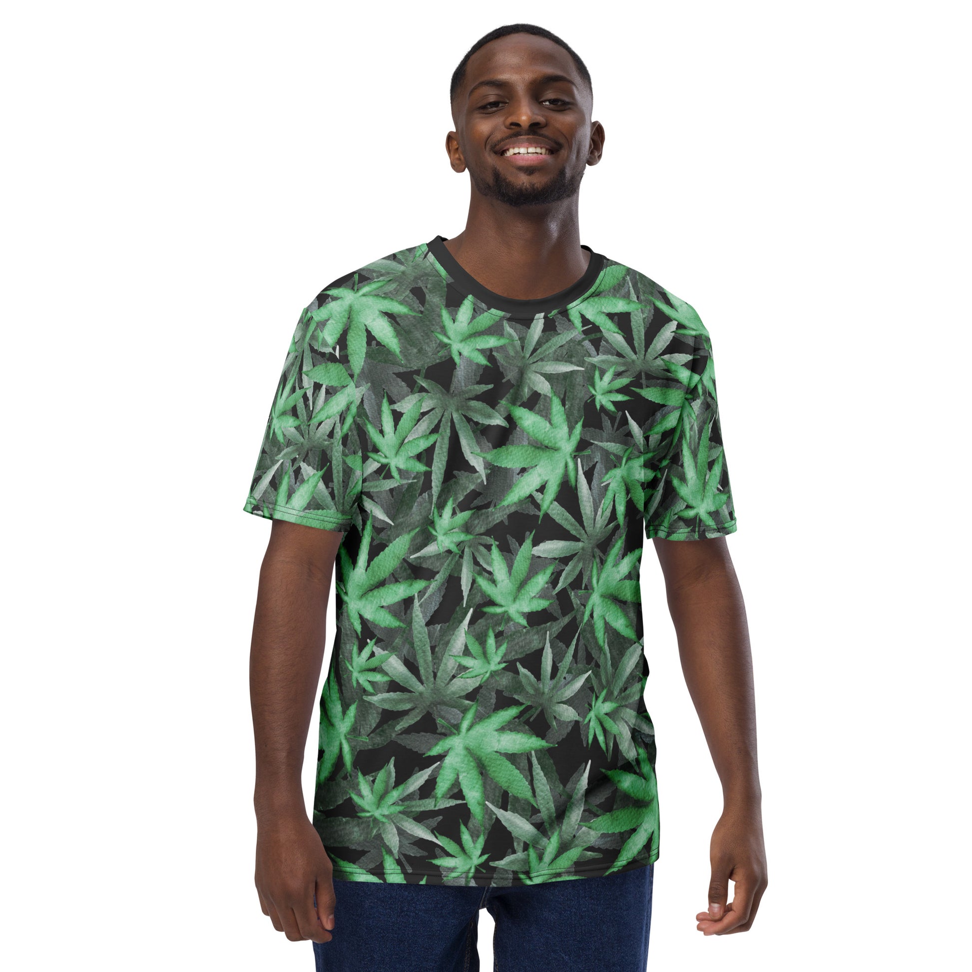 male model wearing Cannabis marijuana weed leaves all over print men's T-shirt facing front